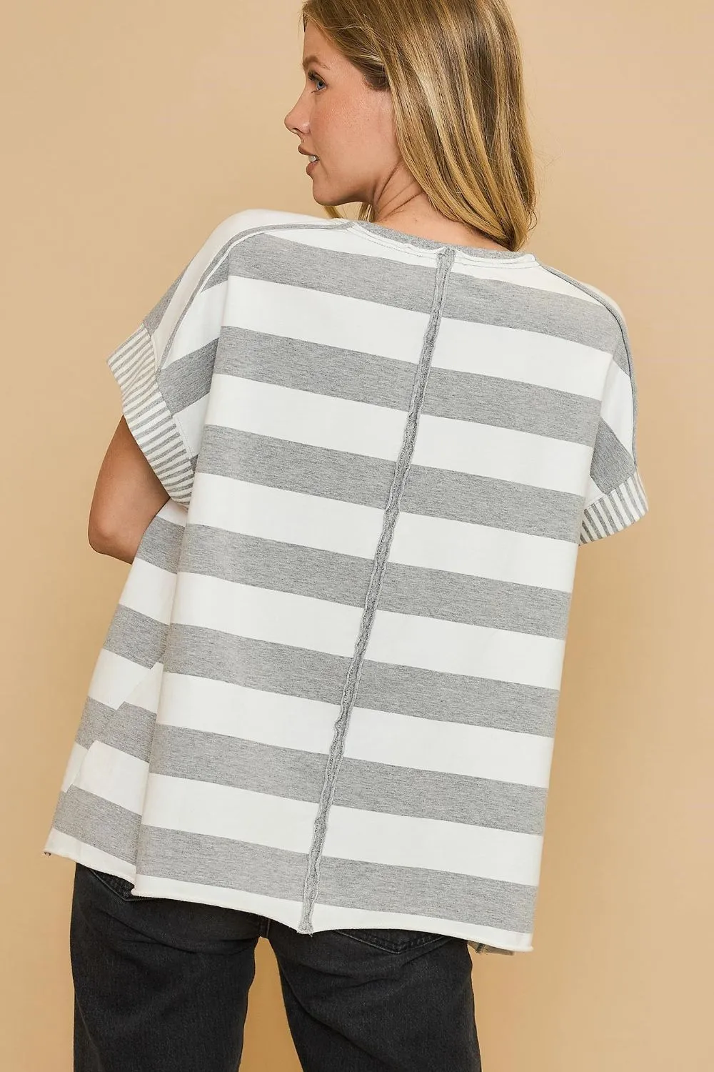 Hazel Blues® |  Umgee Peace Sign Patch Striped French Terry T-Shirt