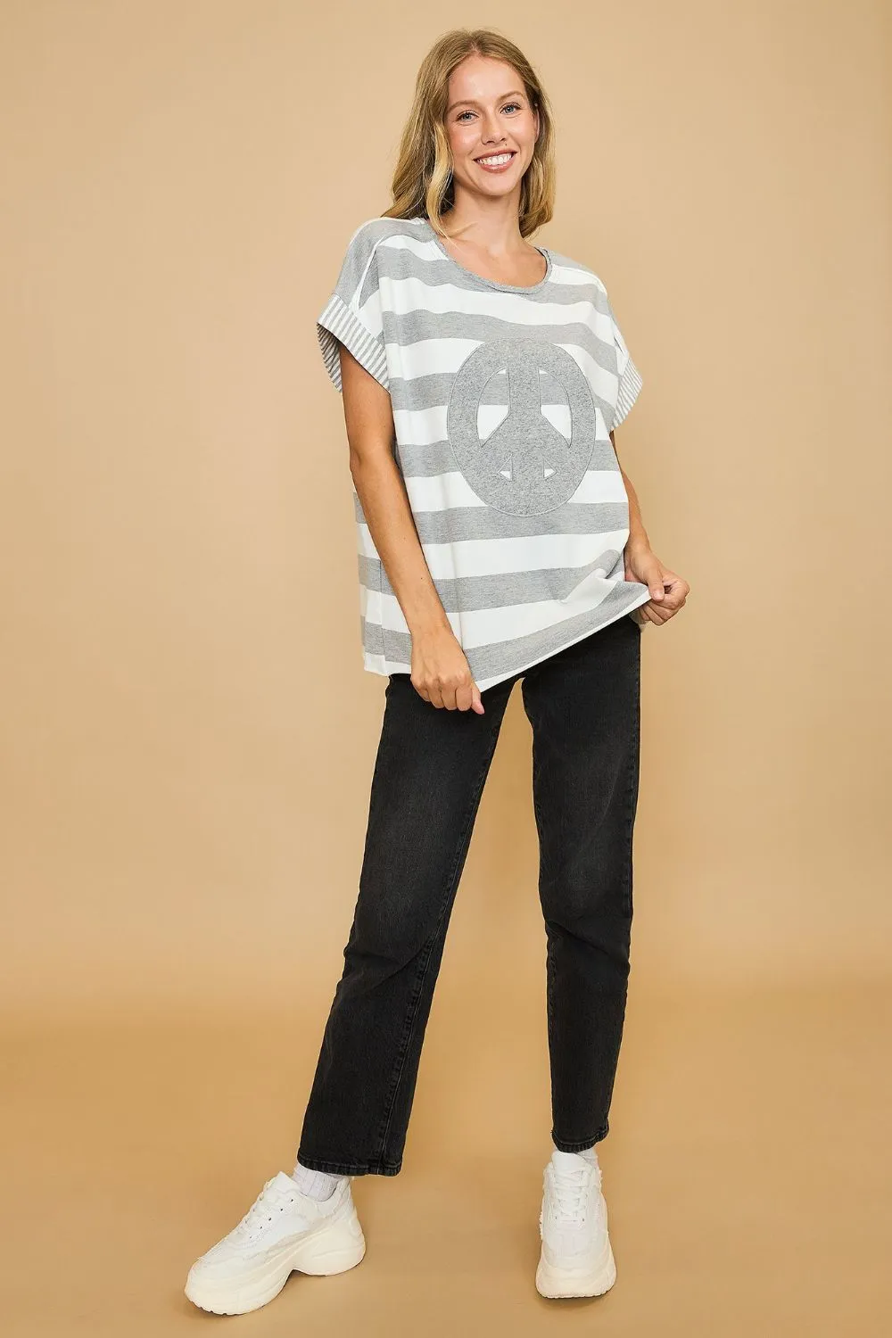 Hazel Blues® |  Umgee Peace Sign Patch Striped French Terry T-Shirt