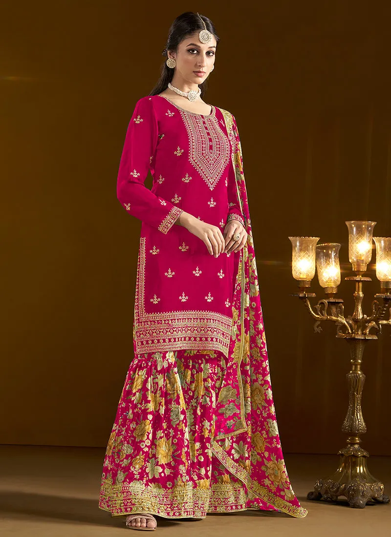 Hot Pink Traditional Embroidery Gharara Style Suit