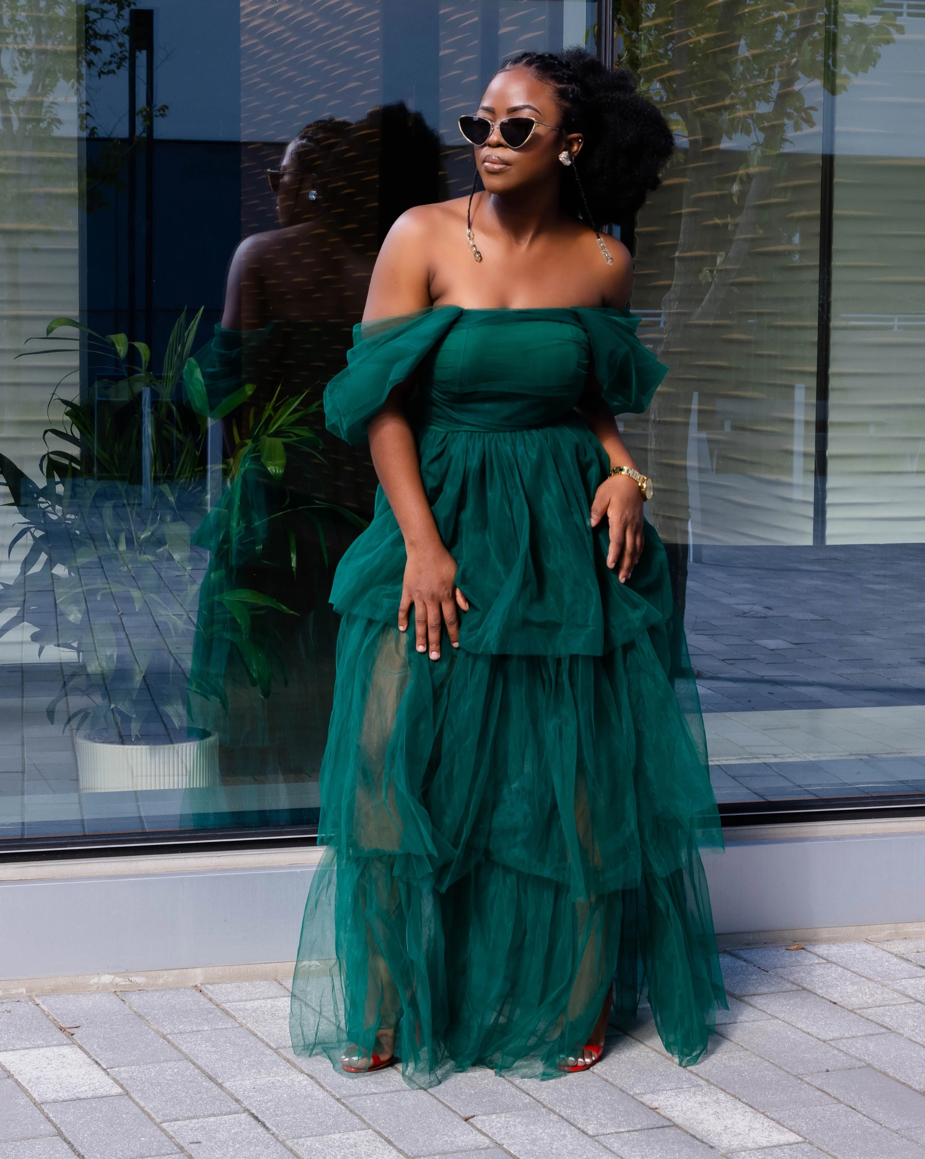 Hunter Green Tulle Layered Gown