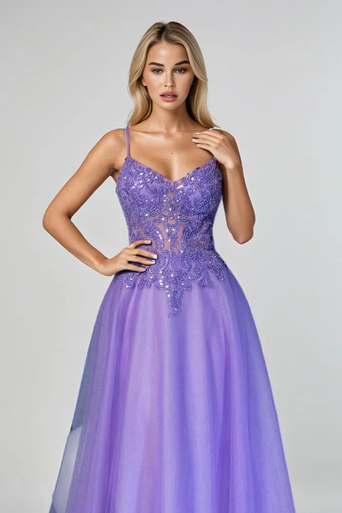 Illusion Bodice Spaghetti Straps Tahiti Floor Length Prom Dress