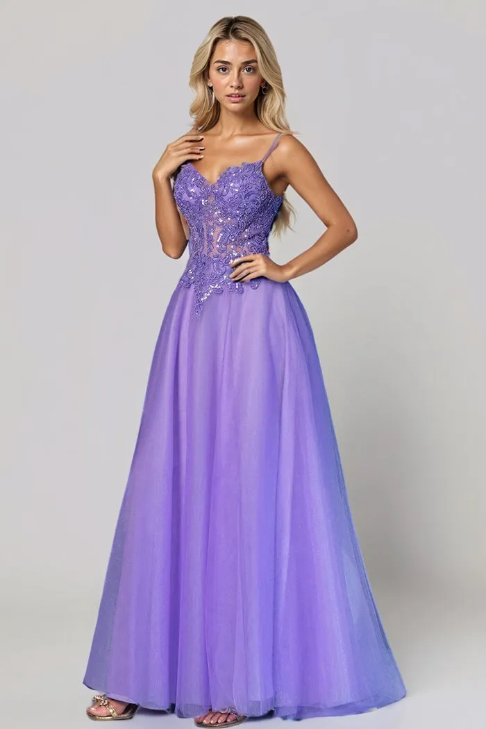 Illusion Bodice Spaghetti Straps Tahiti Floor Length Prom Dress