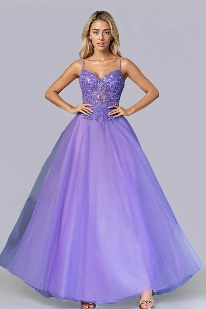 Illusion Bodice Spaghetti Straps Tahiti Floor Length Prom Dress
