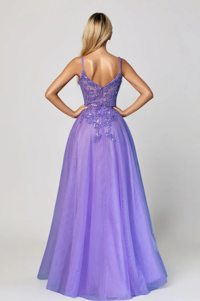 Illusion Bodice Spaghetti Straps Tahiti Floor Length Prom Dress
