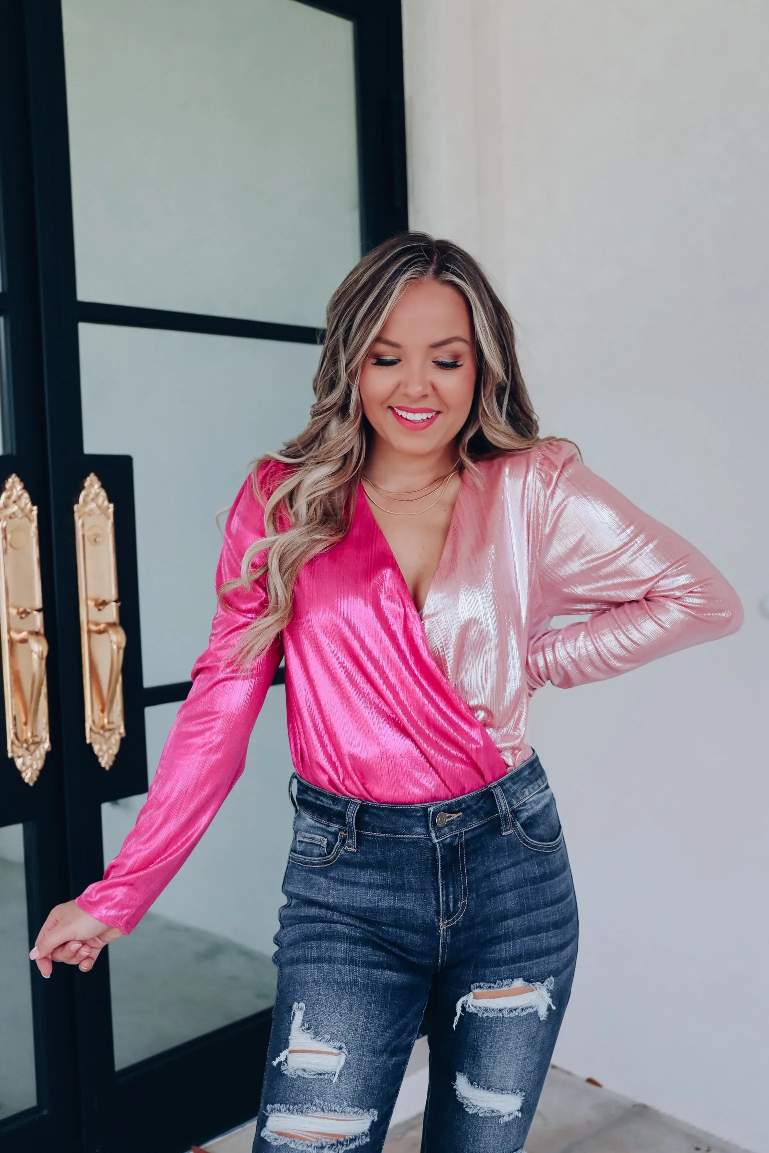 Immediate Allure Textured Sheen Two-Tone Bodysuit - Pink