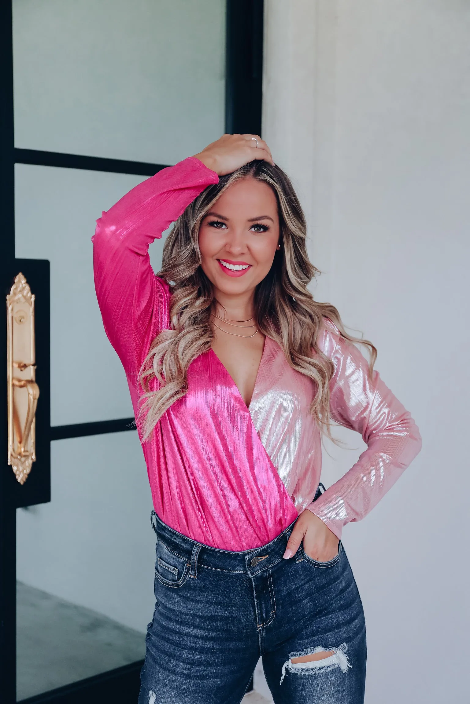 Immediate Allure Textured Sheen Two-Tone Bodysuit - Pink