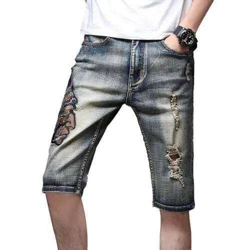 Indian Embroidery Straight Leg Ripped Casual Denim Shorts - Marble Blue 32