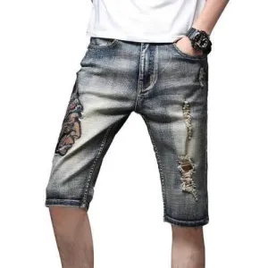 Indian Embroidery Straight Leg Ripped Casual Denim Shorts - Marble Blue 32