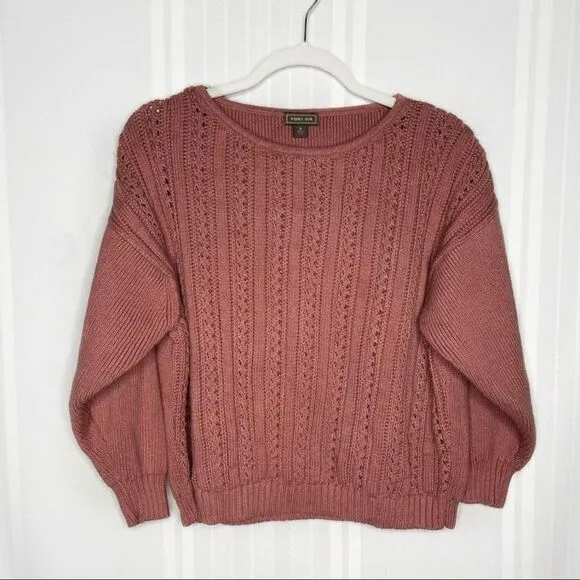 J. Crew Point Sur Boxy Pointelle Cable Knit Pullover Sweater Drop Shoulder Mauve