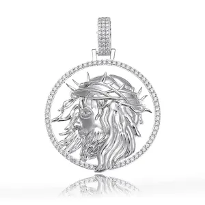 Jesus Face 1.5" Pendant Sterling Silver with Cubic Zirconia Round Charm - C400039