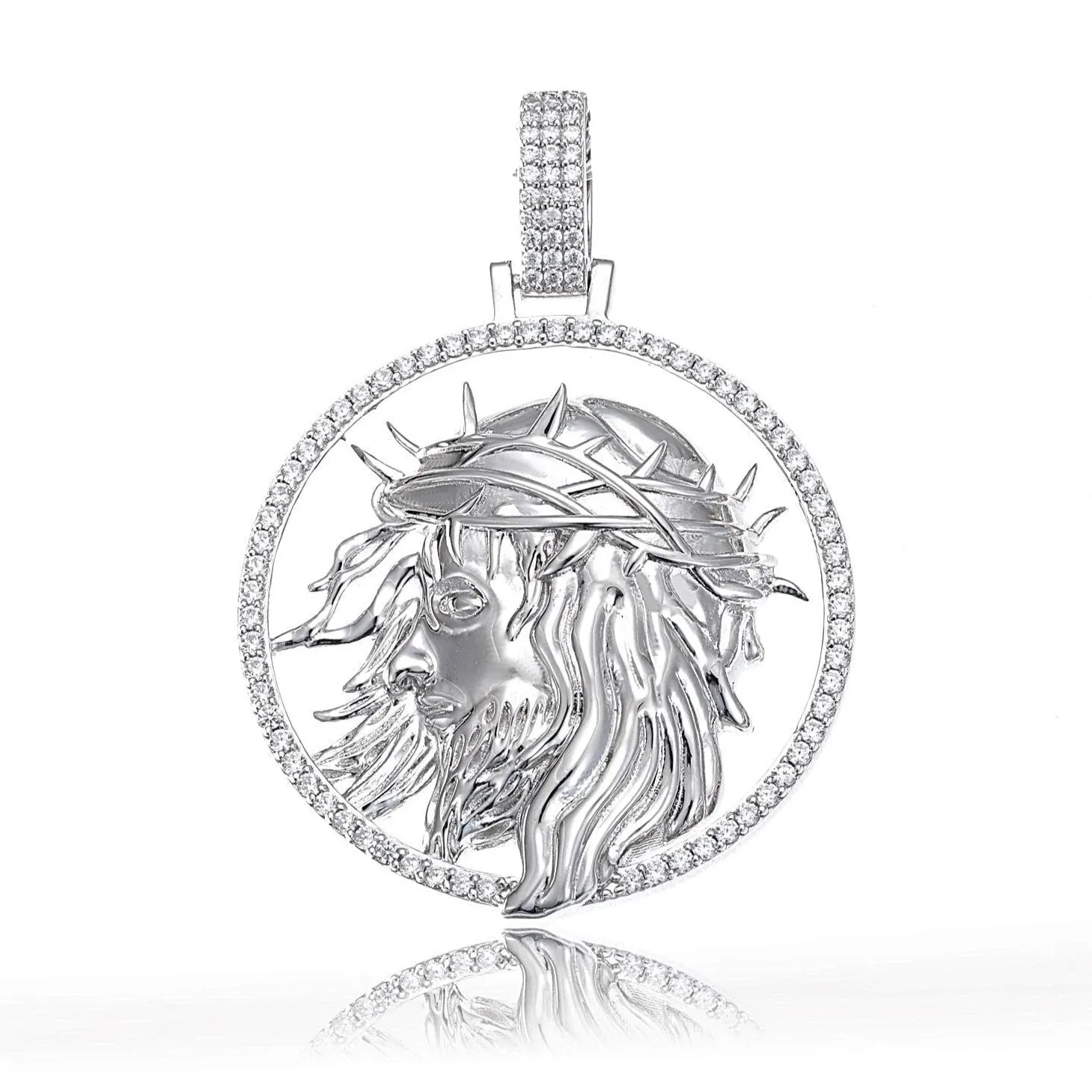 Jesus Face 1.5" Pendant Sterling Silver with Cubic Zirconia Round Charm - C400039