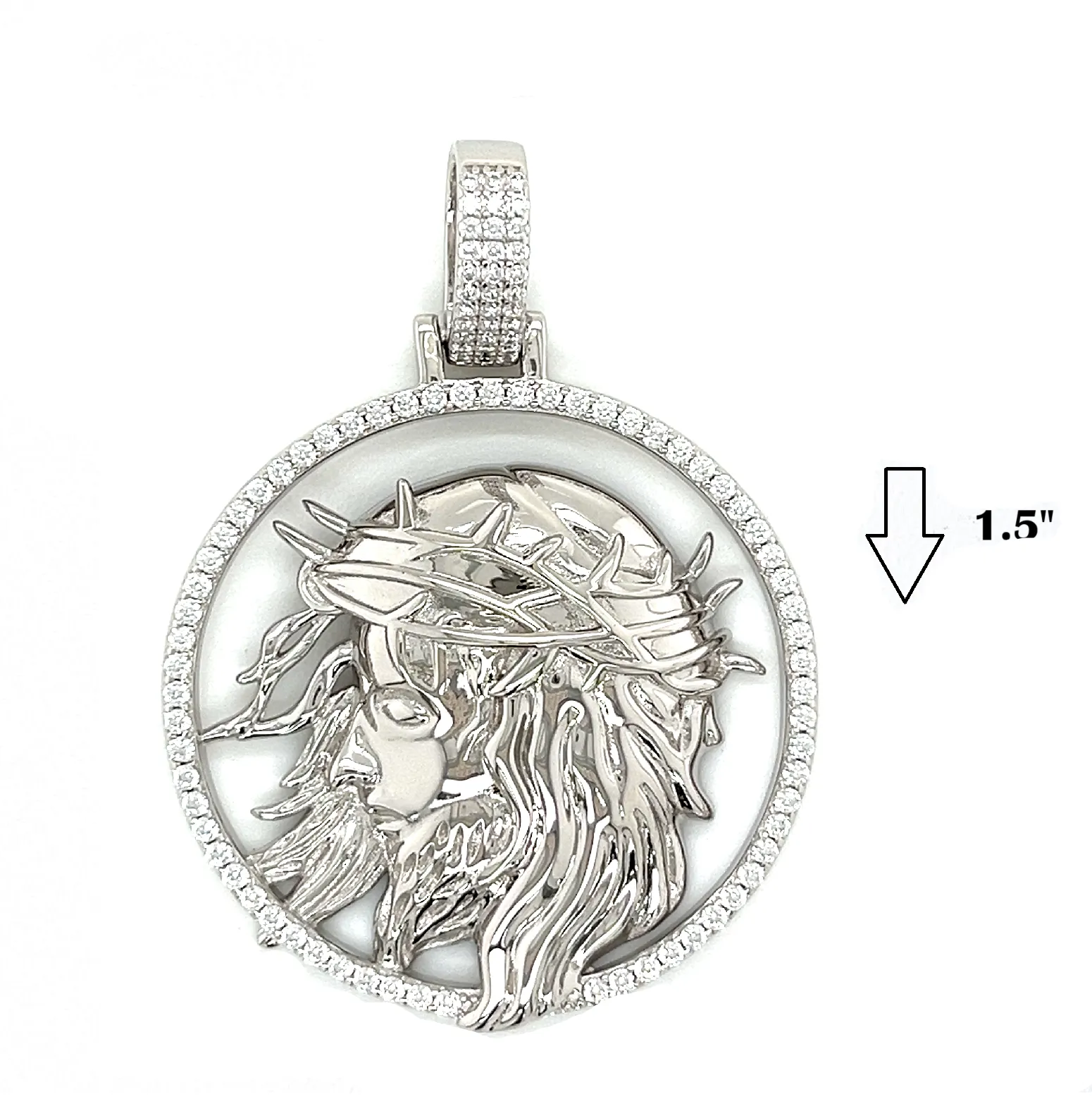 Jesus Face 1.5" Pendant Sterling Silver with Cubic Zirconia Round Charm - C400039