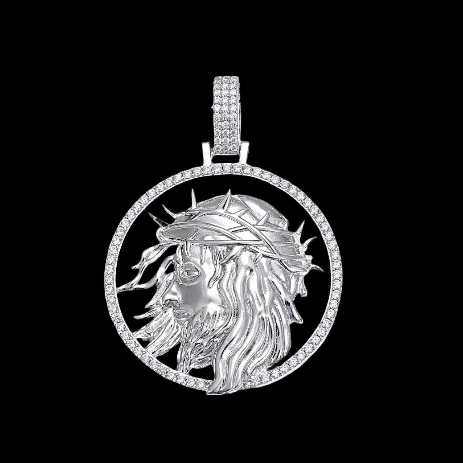 Jesus Face 1.5" Pendant Sterling Silver with Cubic Zirconia Round Charm - C400039