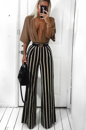 Khaki and Beige Striped High Waist Wide Leg Trousers - Clarabell