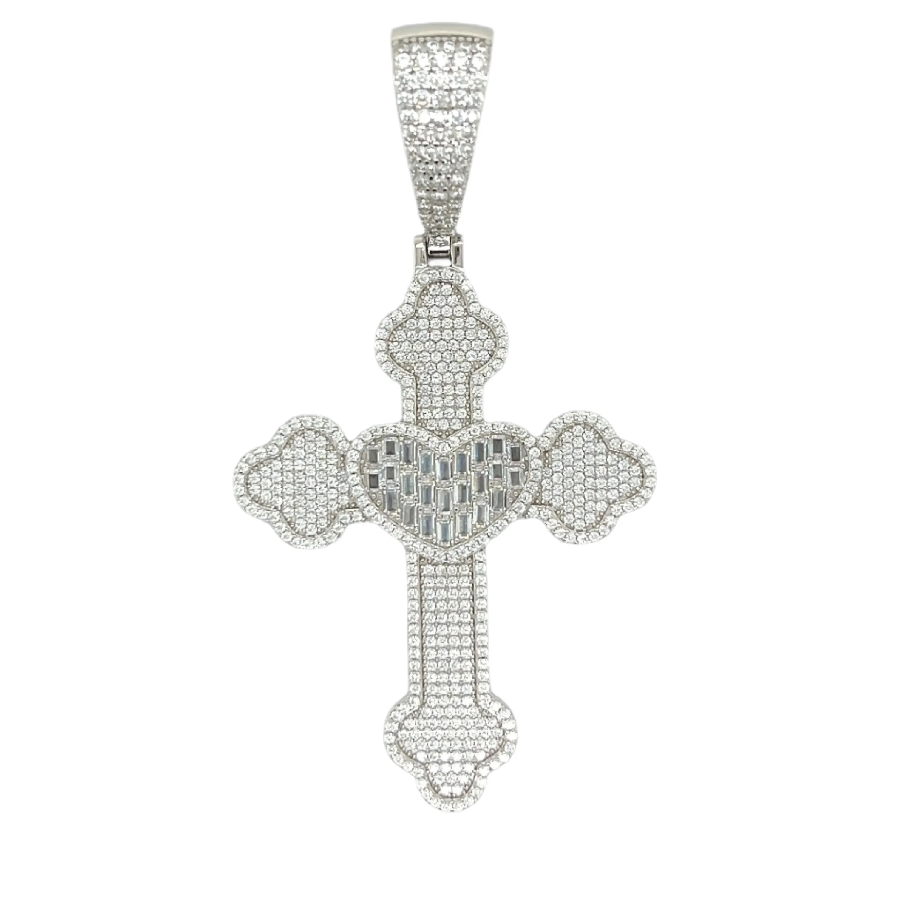 Lab-created Moissanite Sterling 2" Heart Cross Pendant Charm - M400069