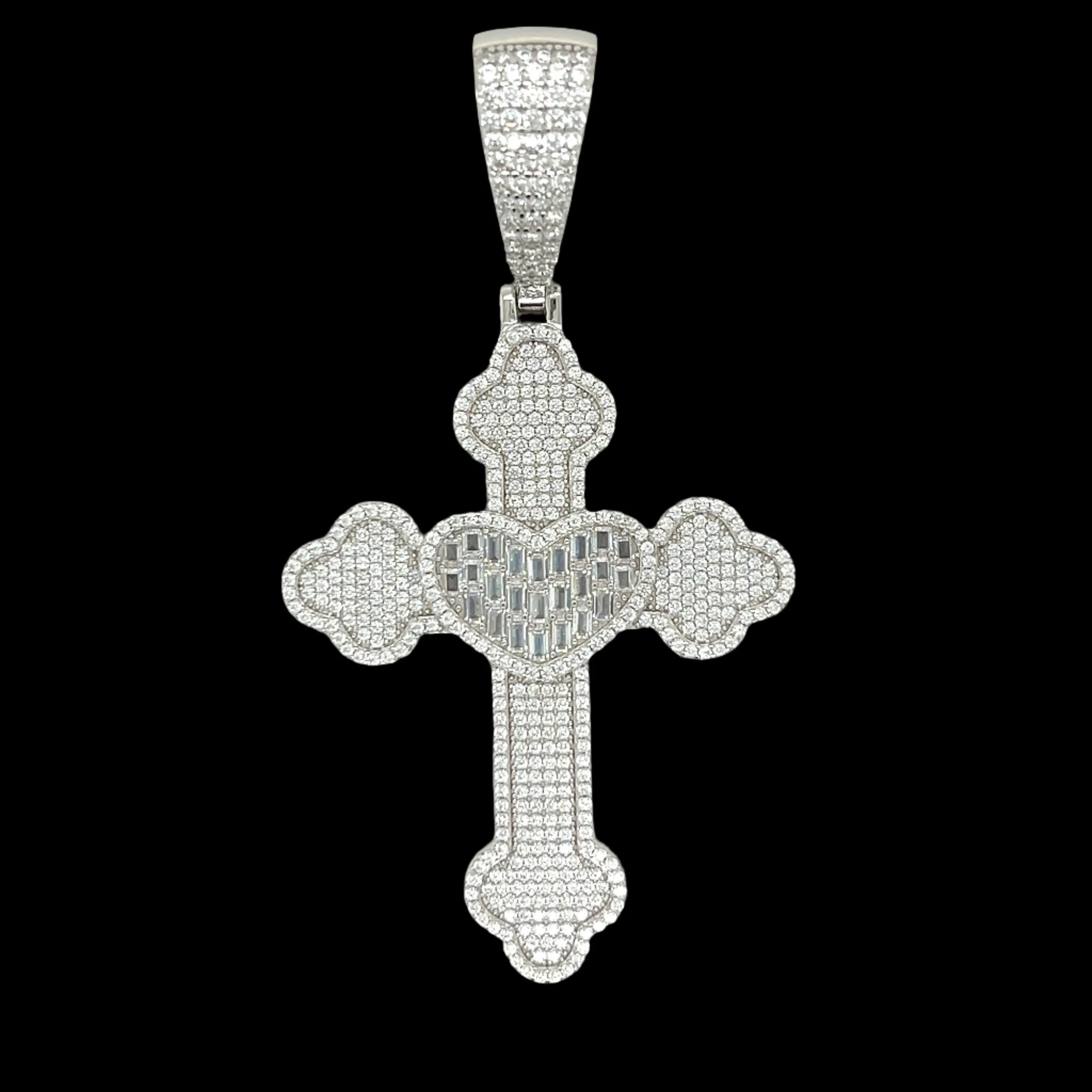 Lab-created Moissanite Sterling 2" Heart Cross Pendant Charm - M400069