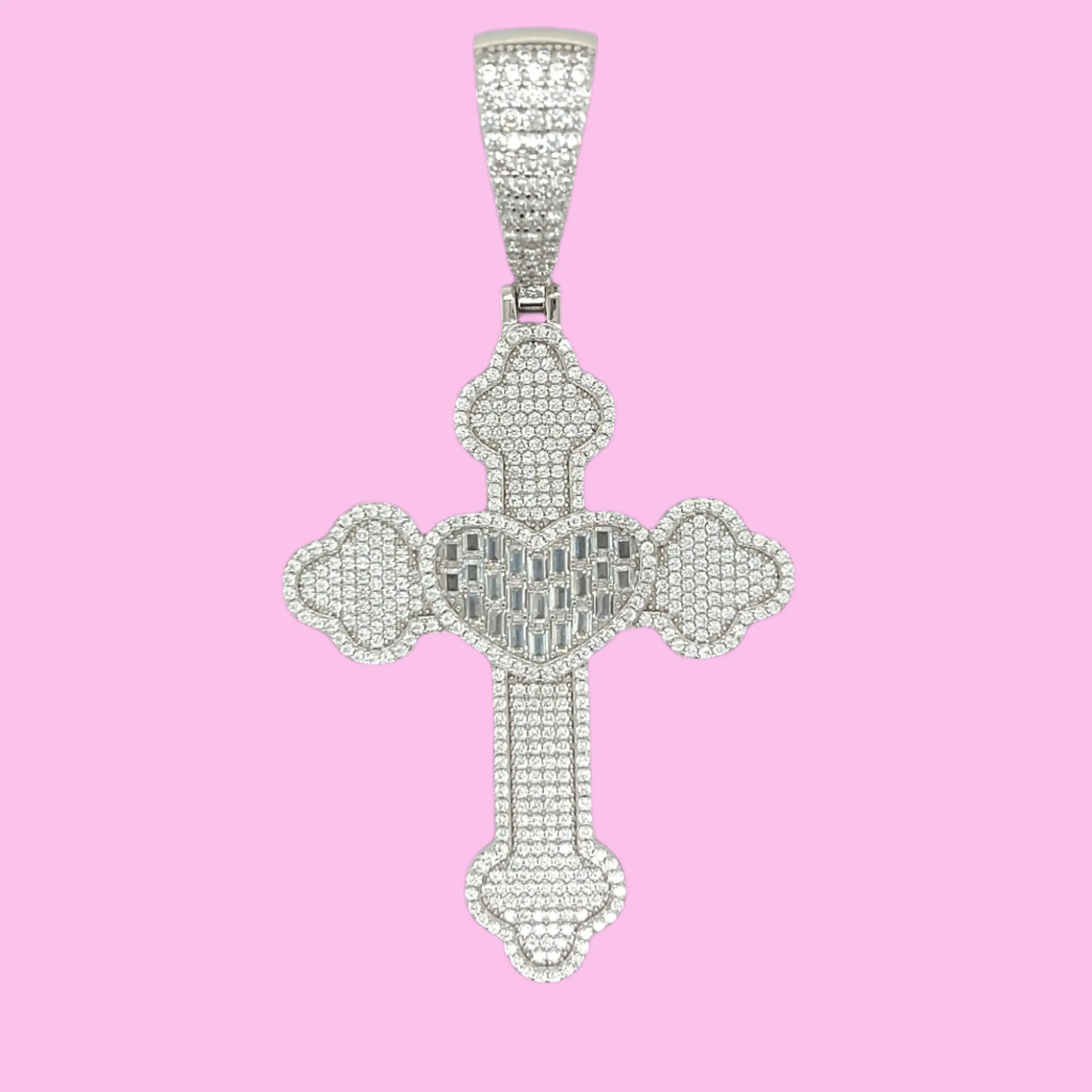 Lab-created Moissanite Sterling 2" Heart Cross Pendant Charm - M400069