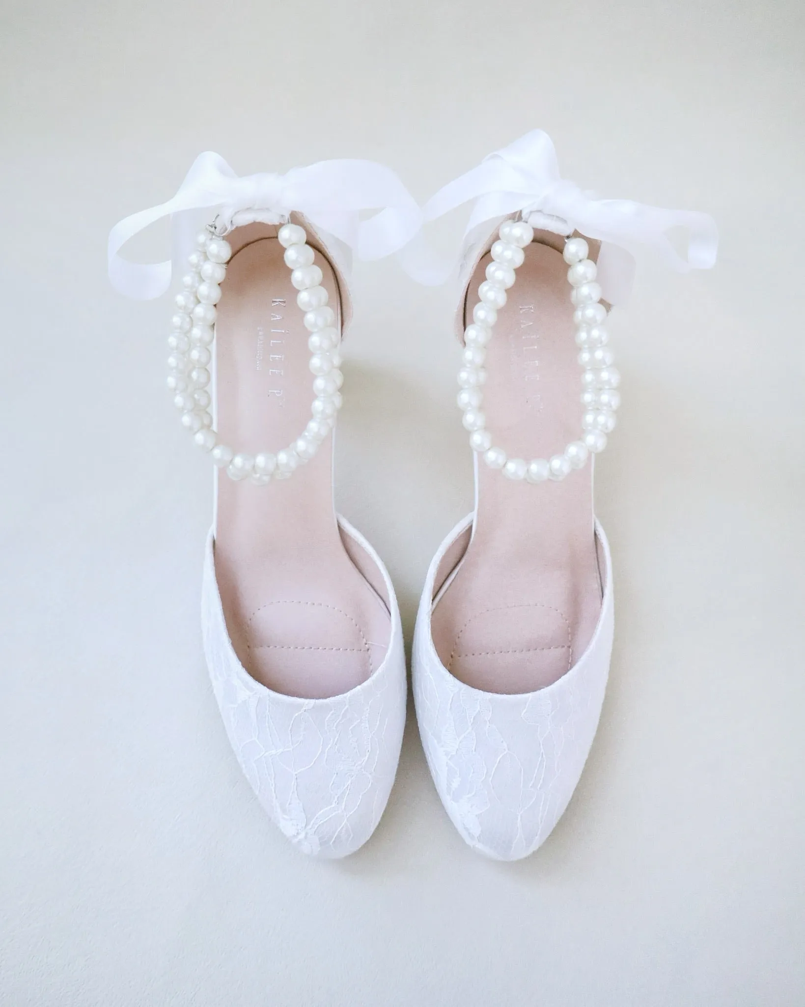 Lace Block Heel with Double Pearls Ankle Strap