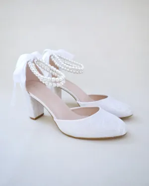 Lace Block Heel with Double Pearls Ankle Strap