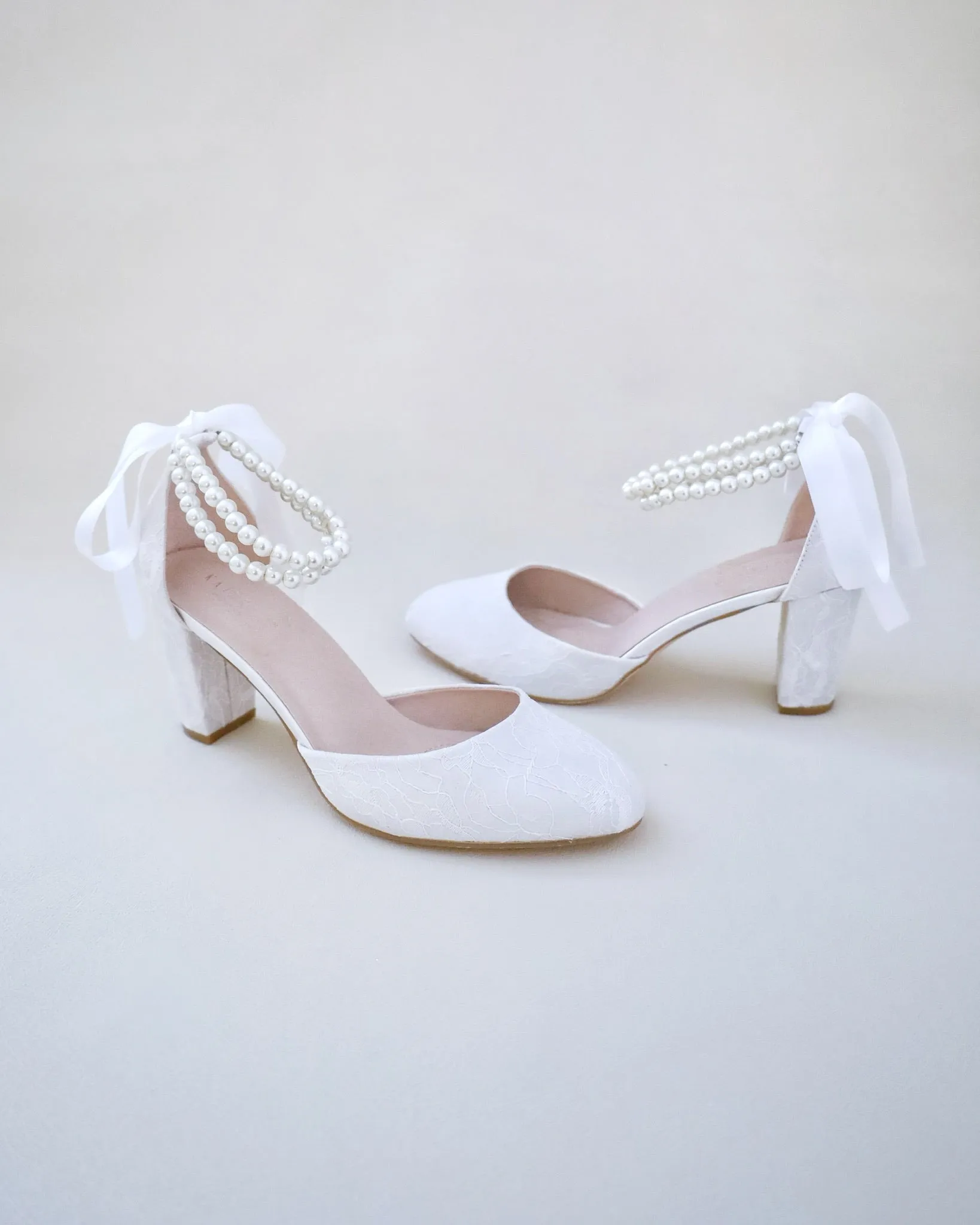 Lace Block Heel with Double Pearls Ankle Strap