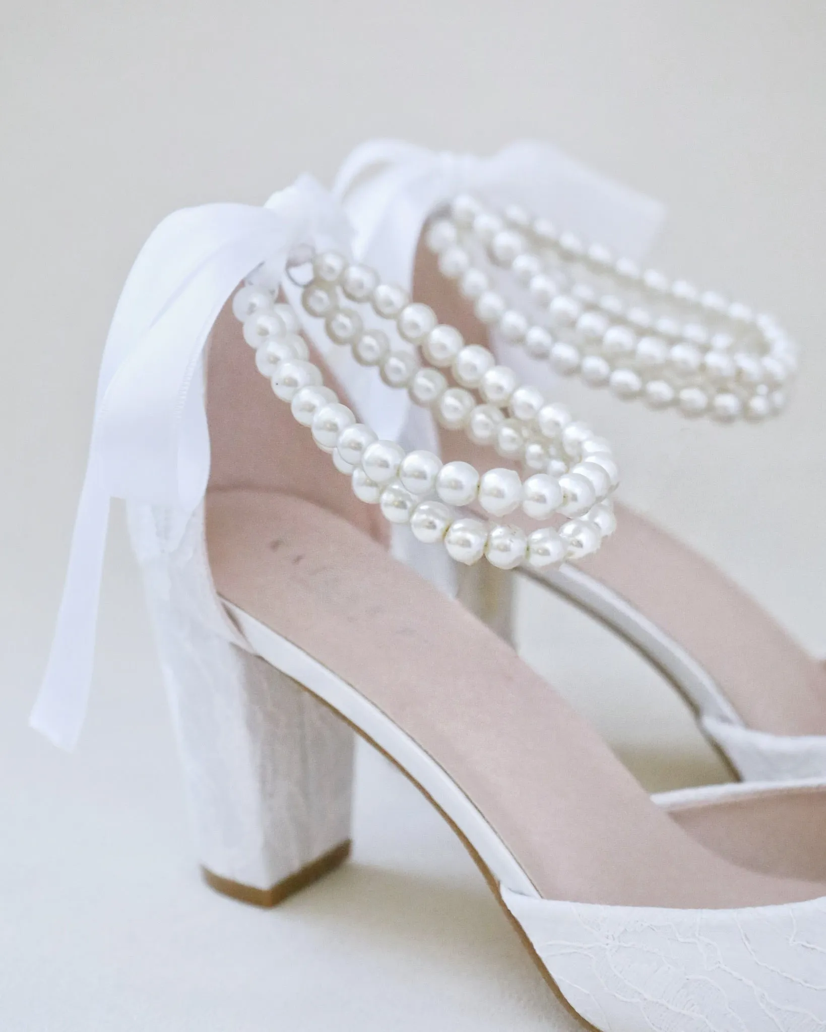 Lace Block Heel with Double Pearls Ankle Strap