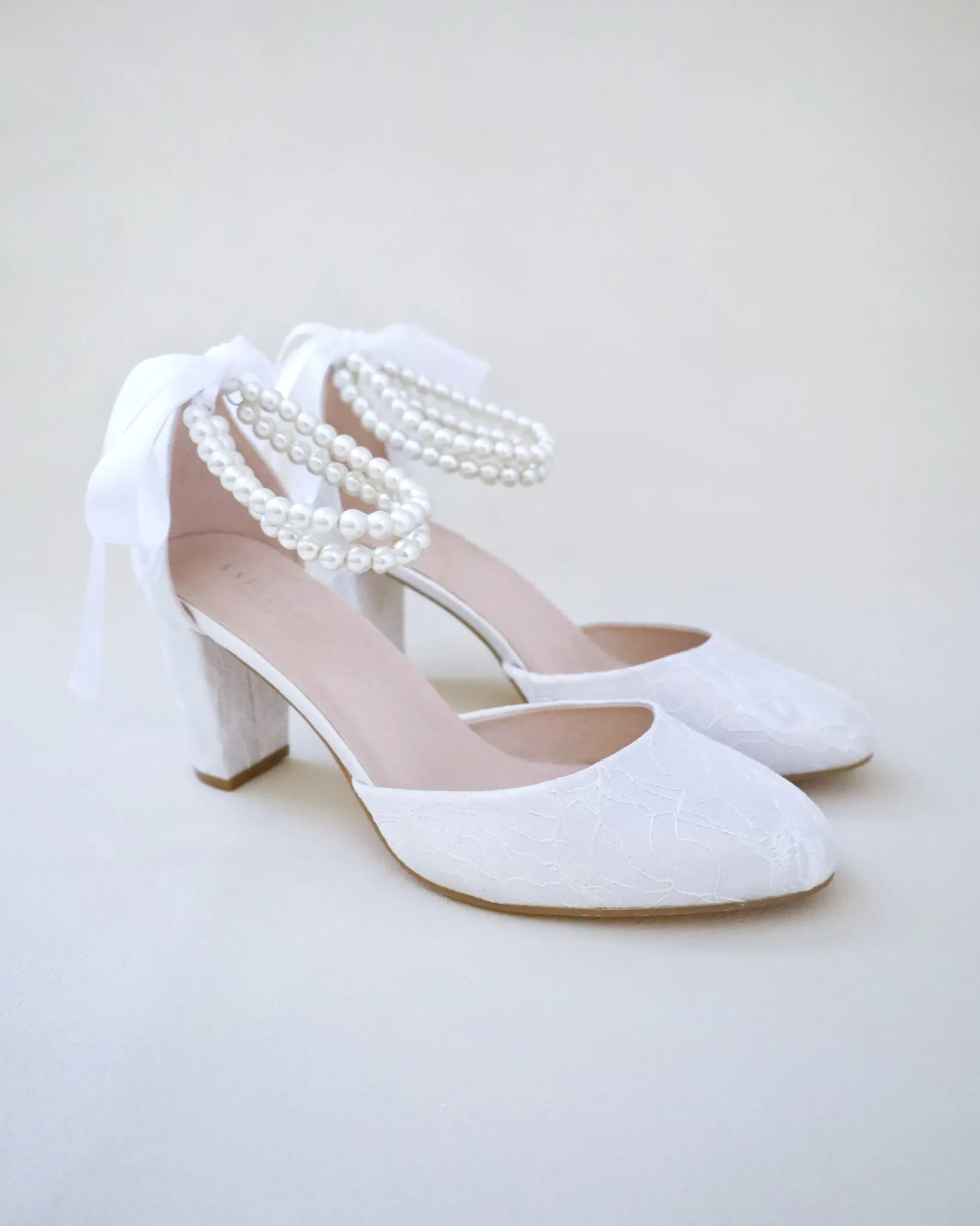 Lace Block Heel with Double Pearls Ankle Strap