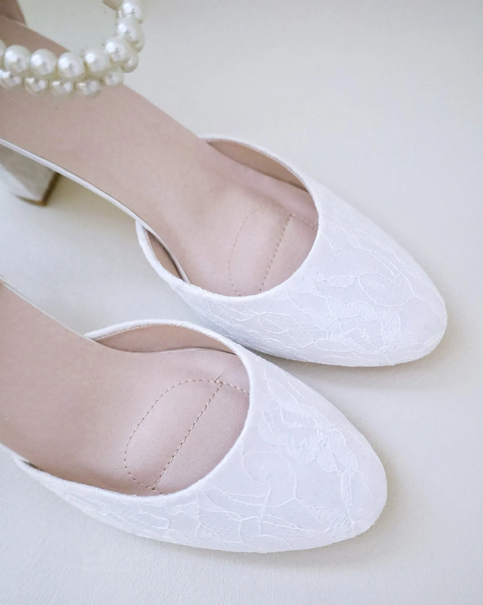 Lace Block Heel with Double Pearls Ankle Strap
