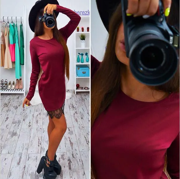 Lace Patchwork Women Dress Fashion O-neck Long Sleeve Black Red Elegant Dresses Casual Bodycon