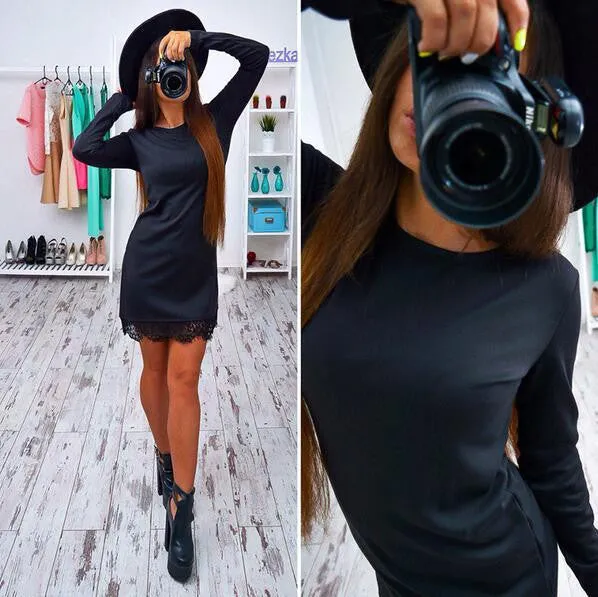 Lace Patchwork Women Dress Fashion O-neck Long Sleeve Black Red Elegant Dresses Casual Bodycon