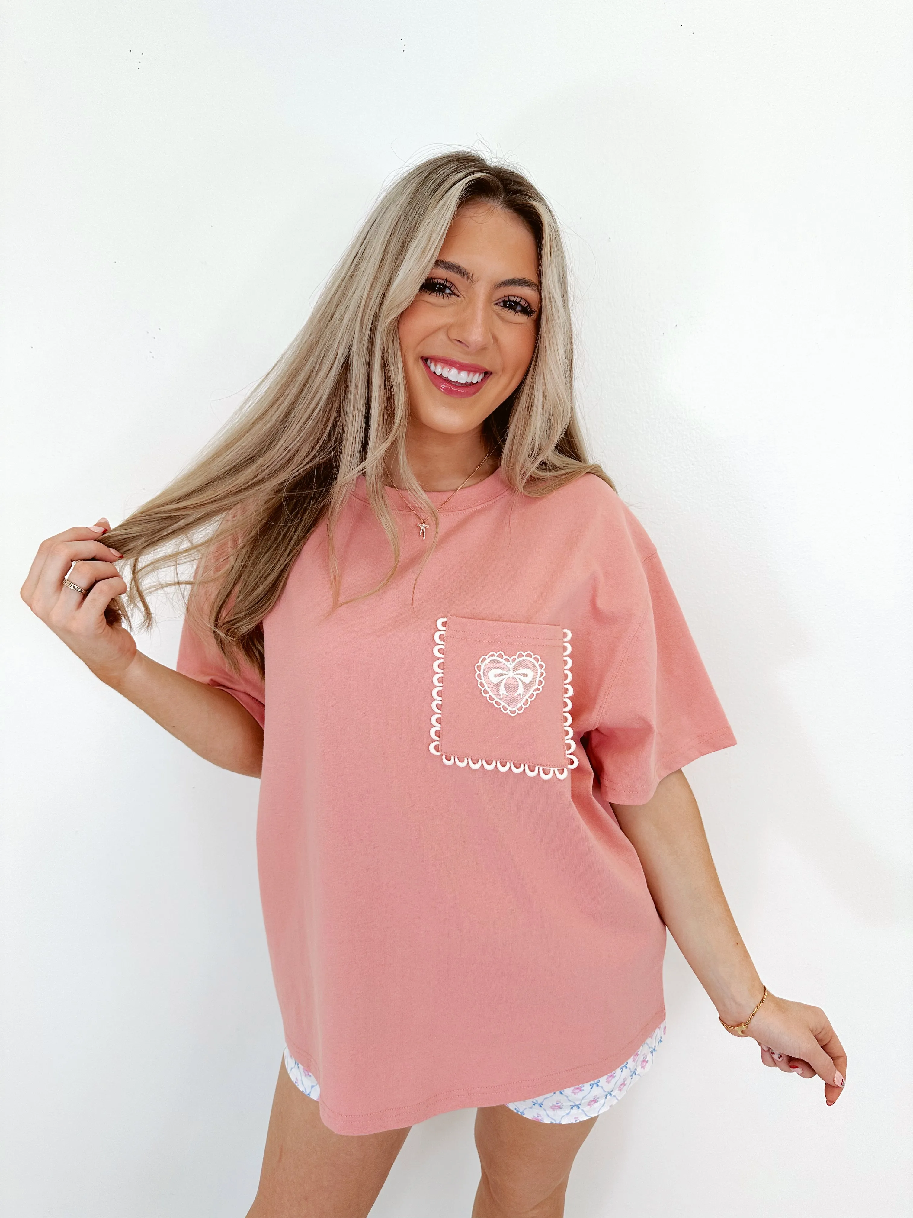 Lacey Heart Patch Pocket Tee - Light Mauve
