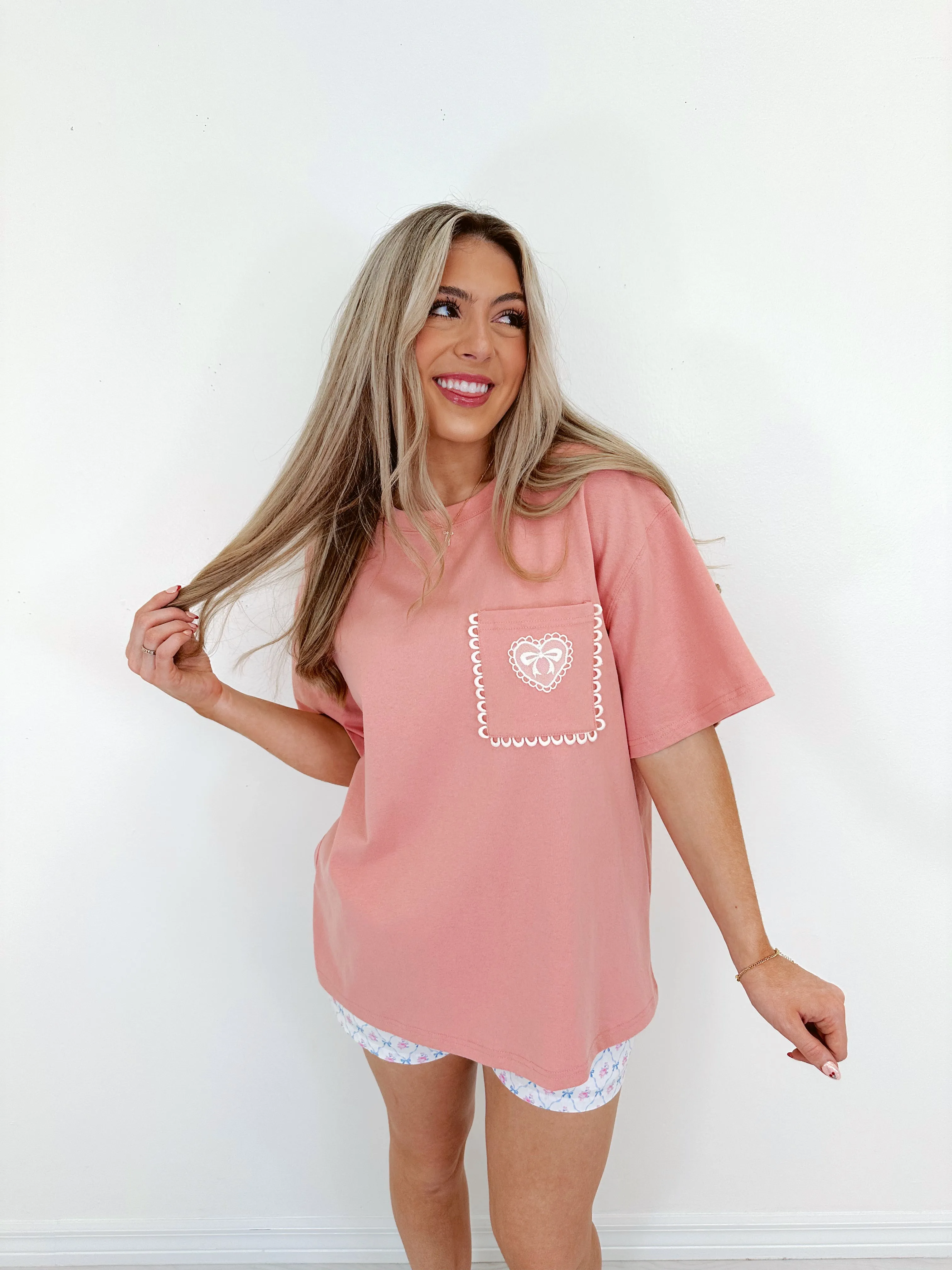 Lacey Heart Patch Pocket Tee - Light Mauve
