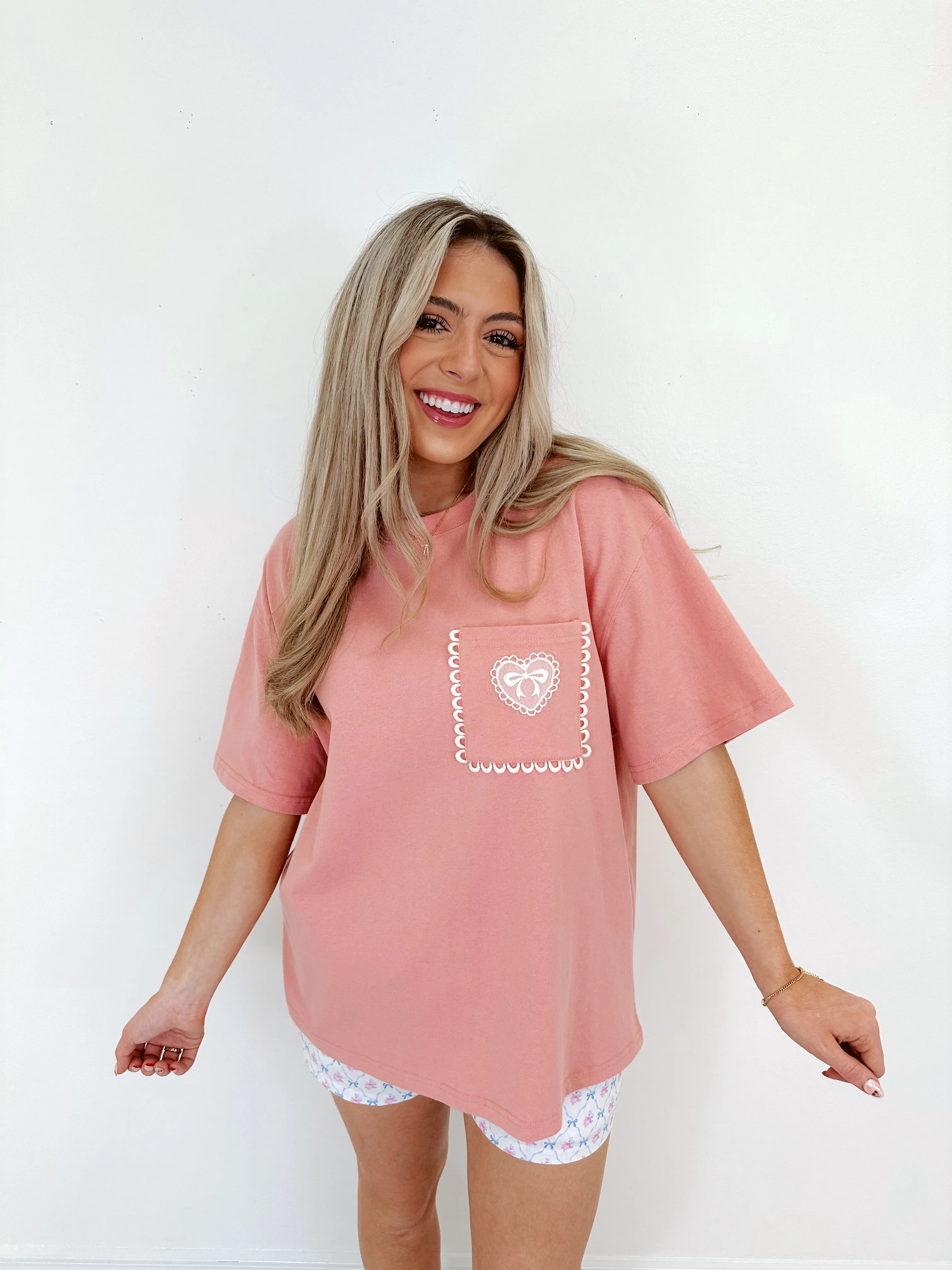 Lacey Heart Patch Pocket Tee - Light Mauve