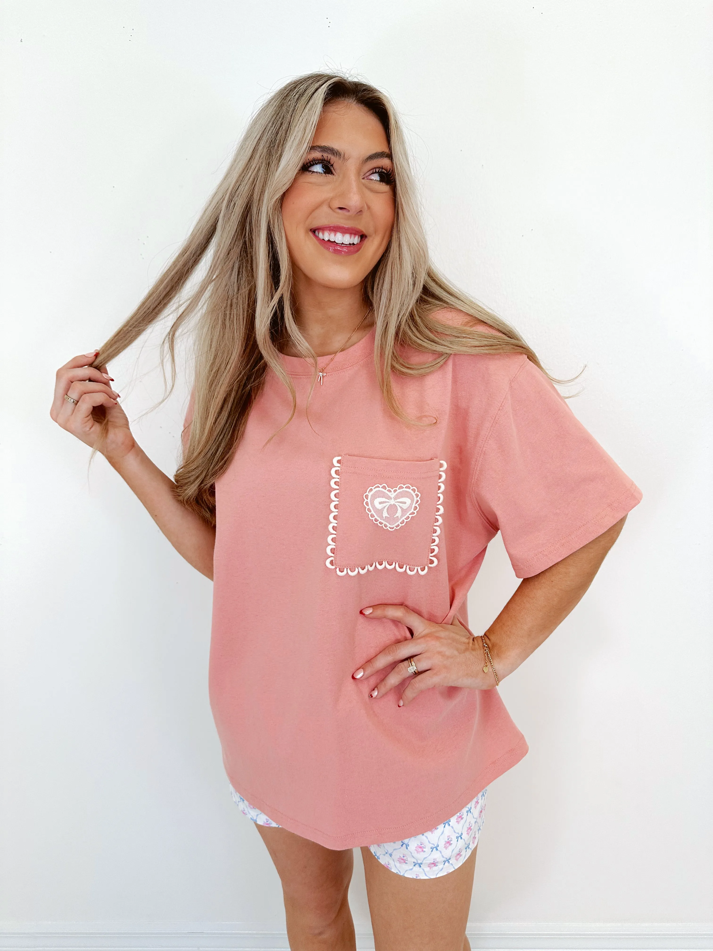 Lacey Heart Patch Pocket Tee - Light Mauve