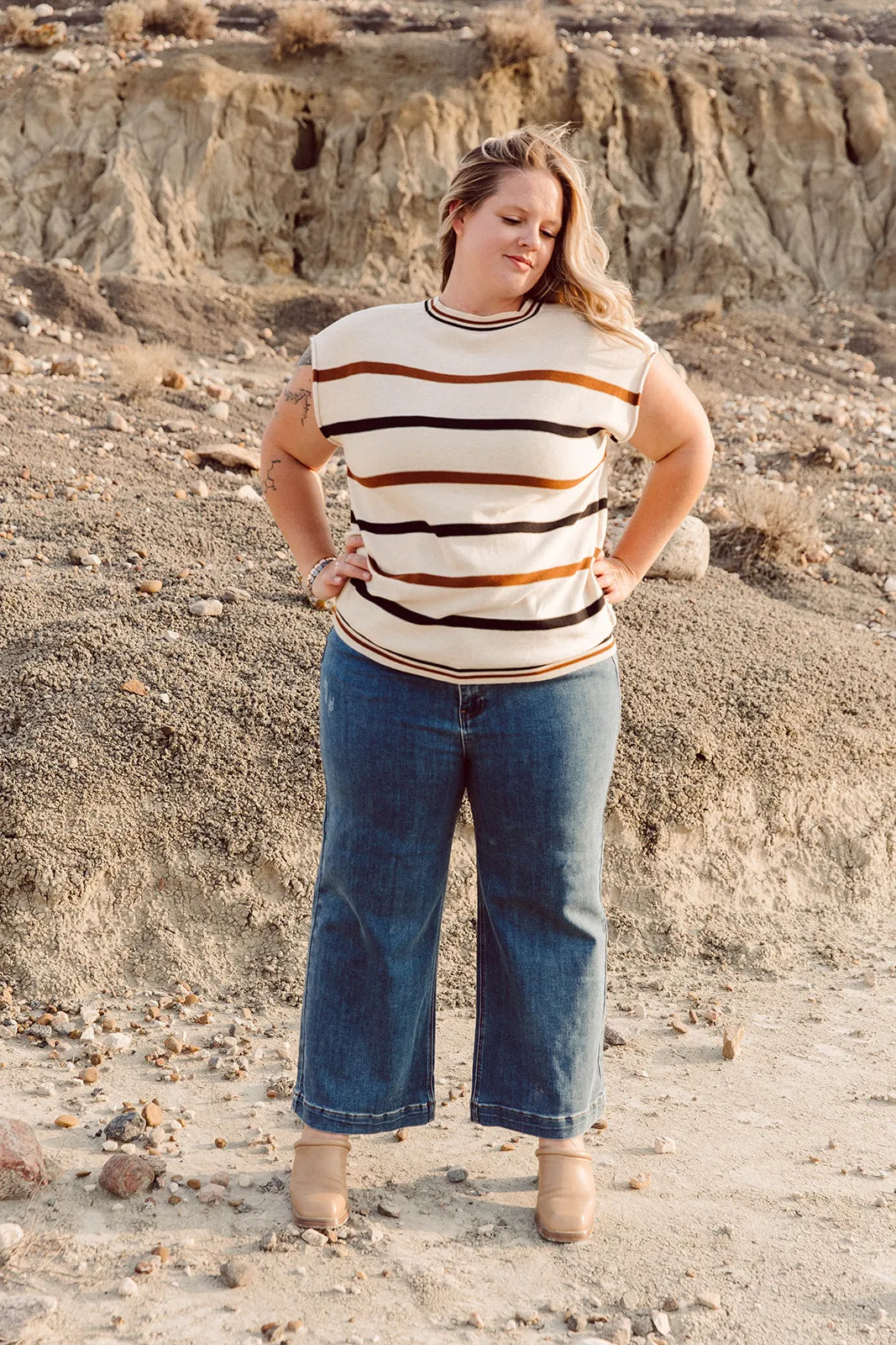 Lauren Short Sleeved Striped Knit Top Curvy