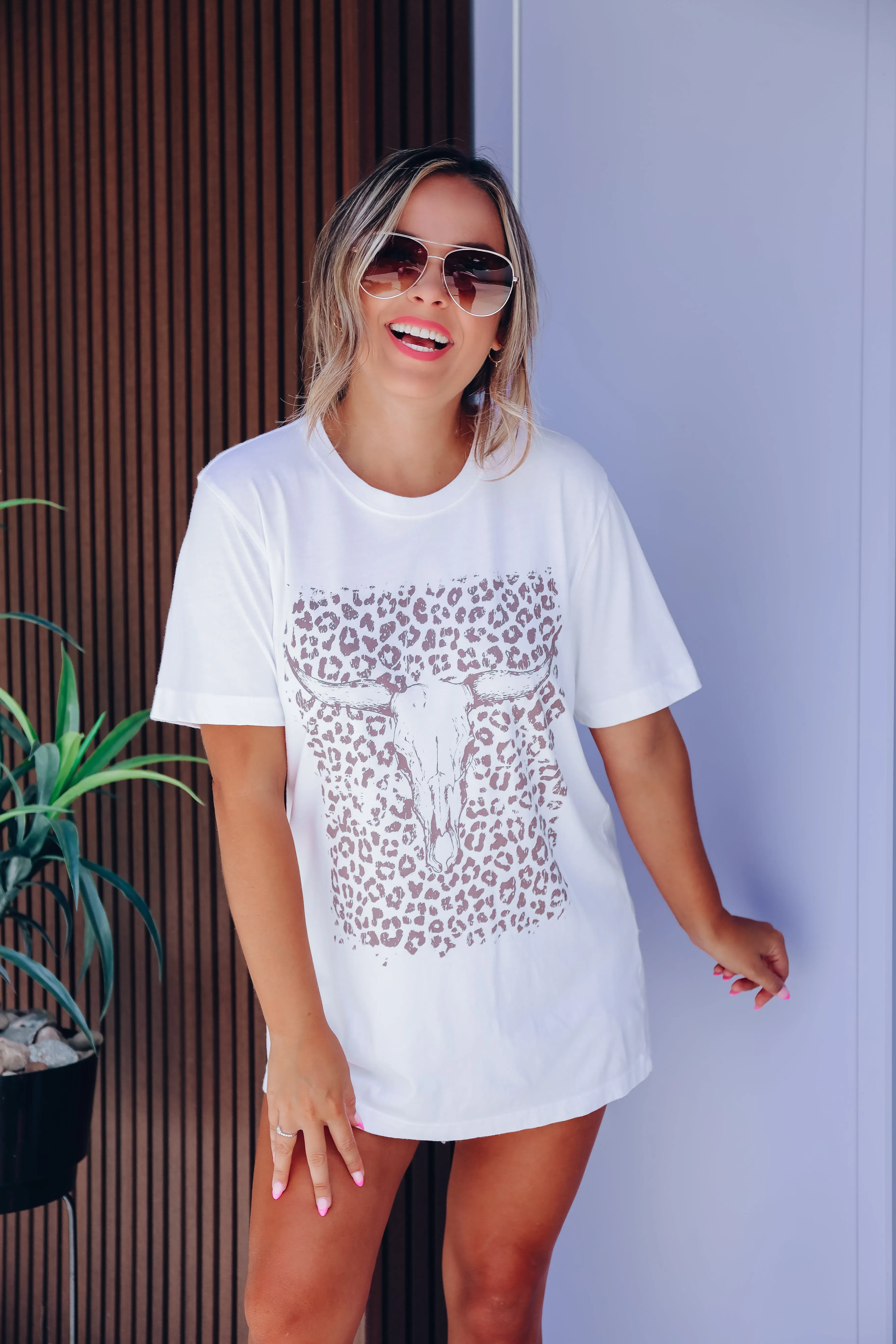Leopard Bull Skull Graphic Tee - White