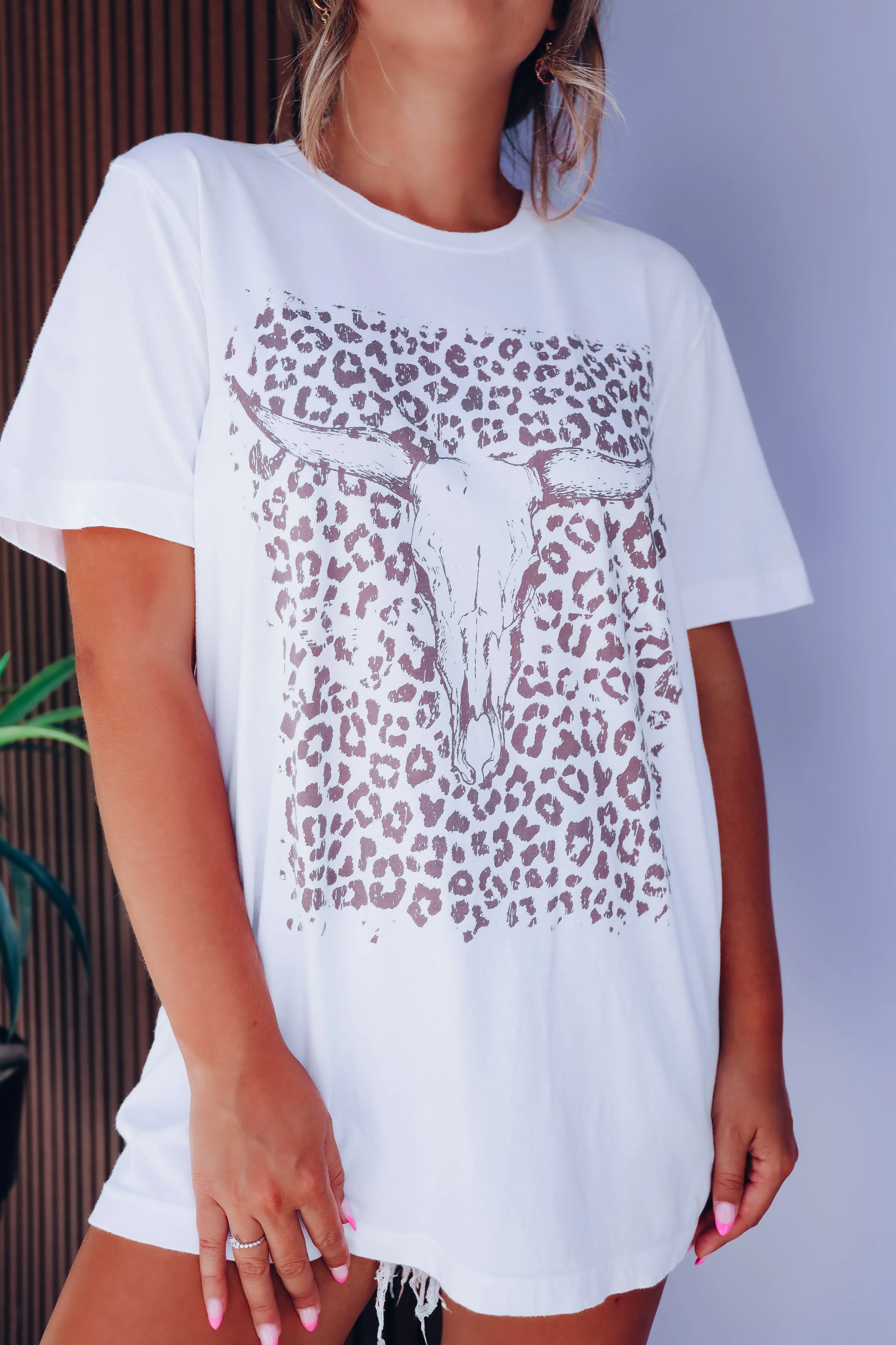 Leopard Bull Skull Graphic Tee - White