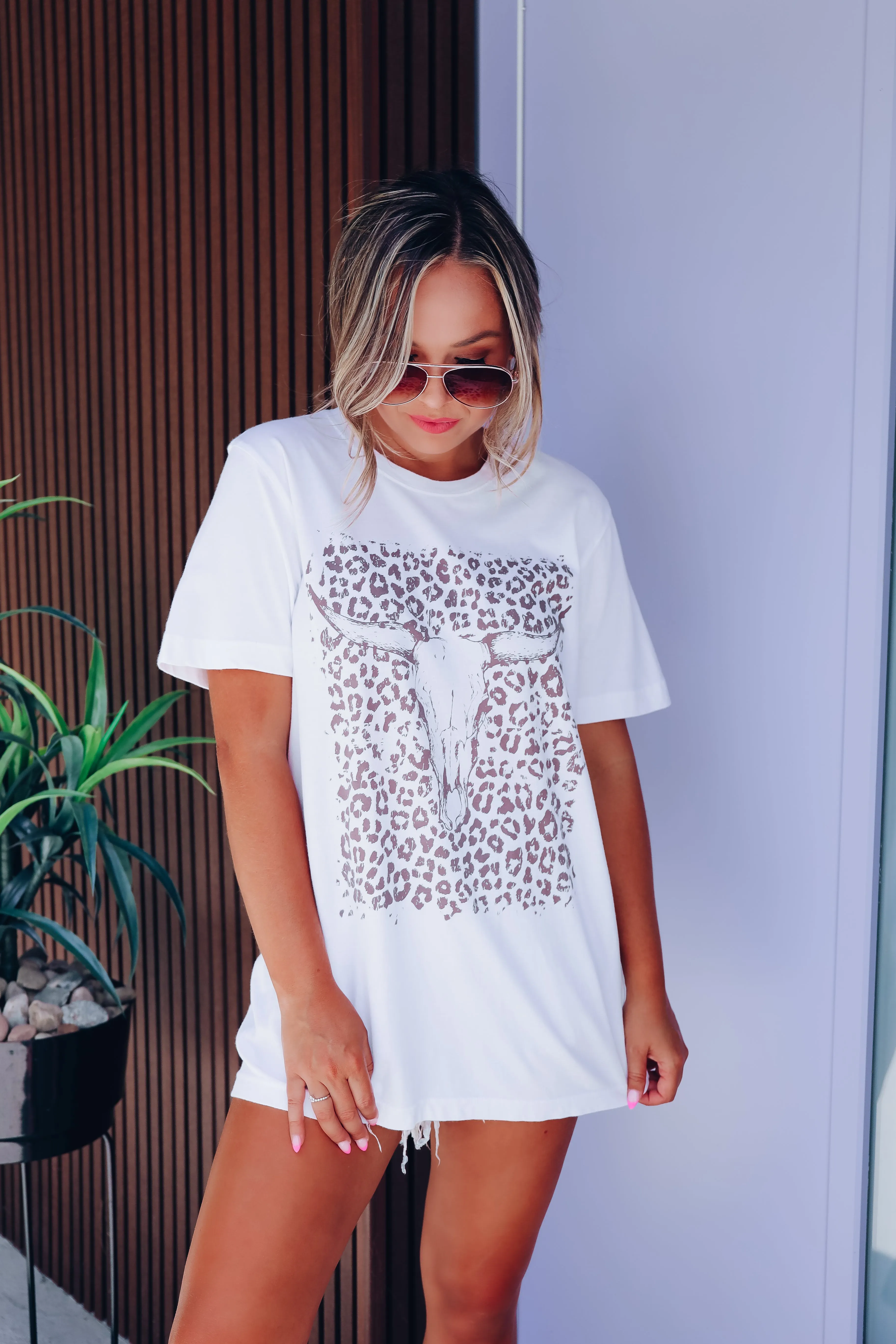 Leopard Bull Skull Graphic Tee - White