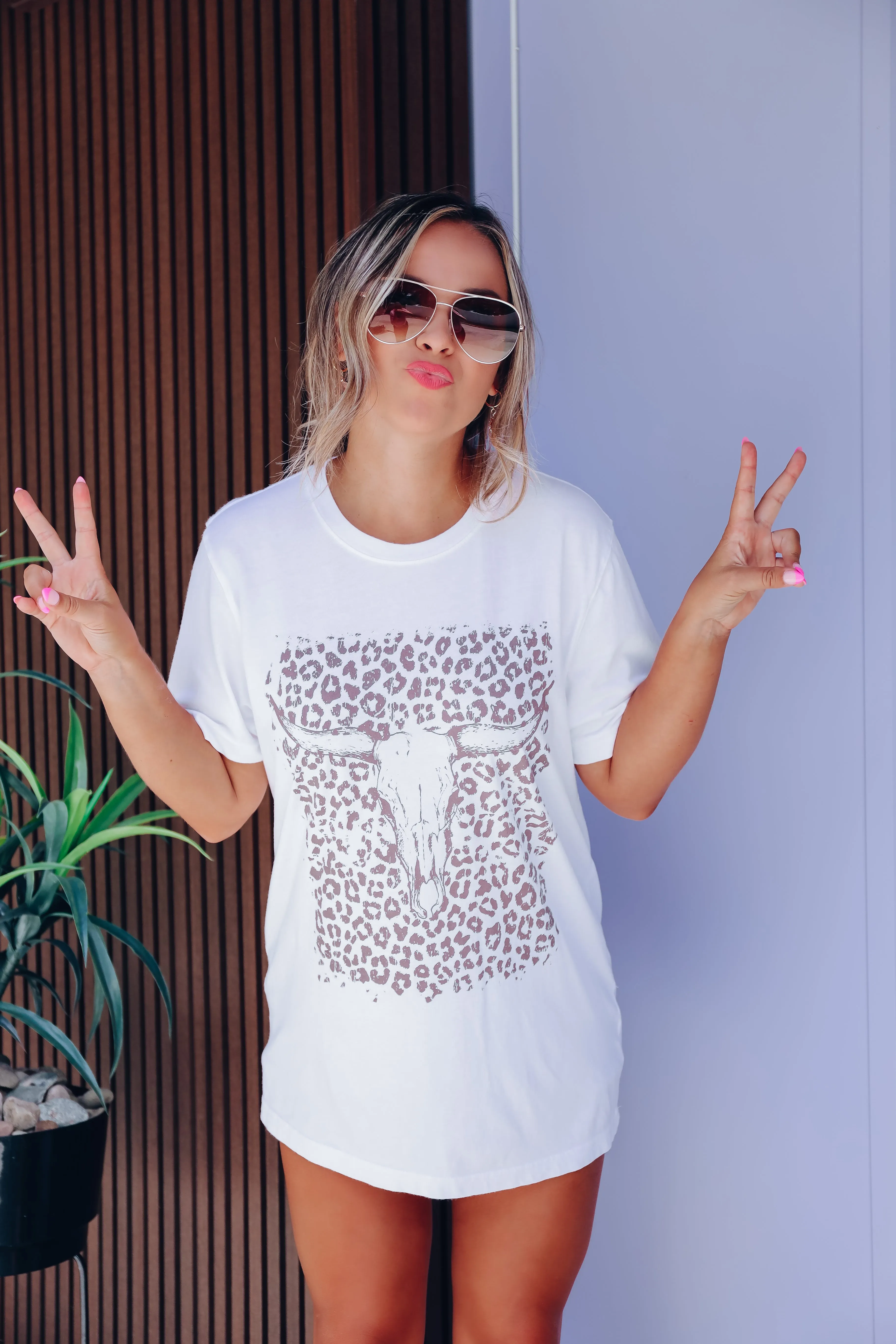 Leopard Bull Skull Graphic Tee - White