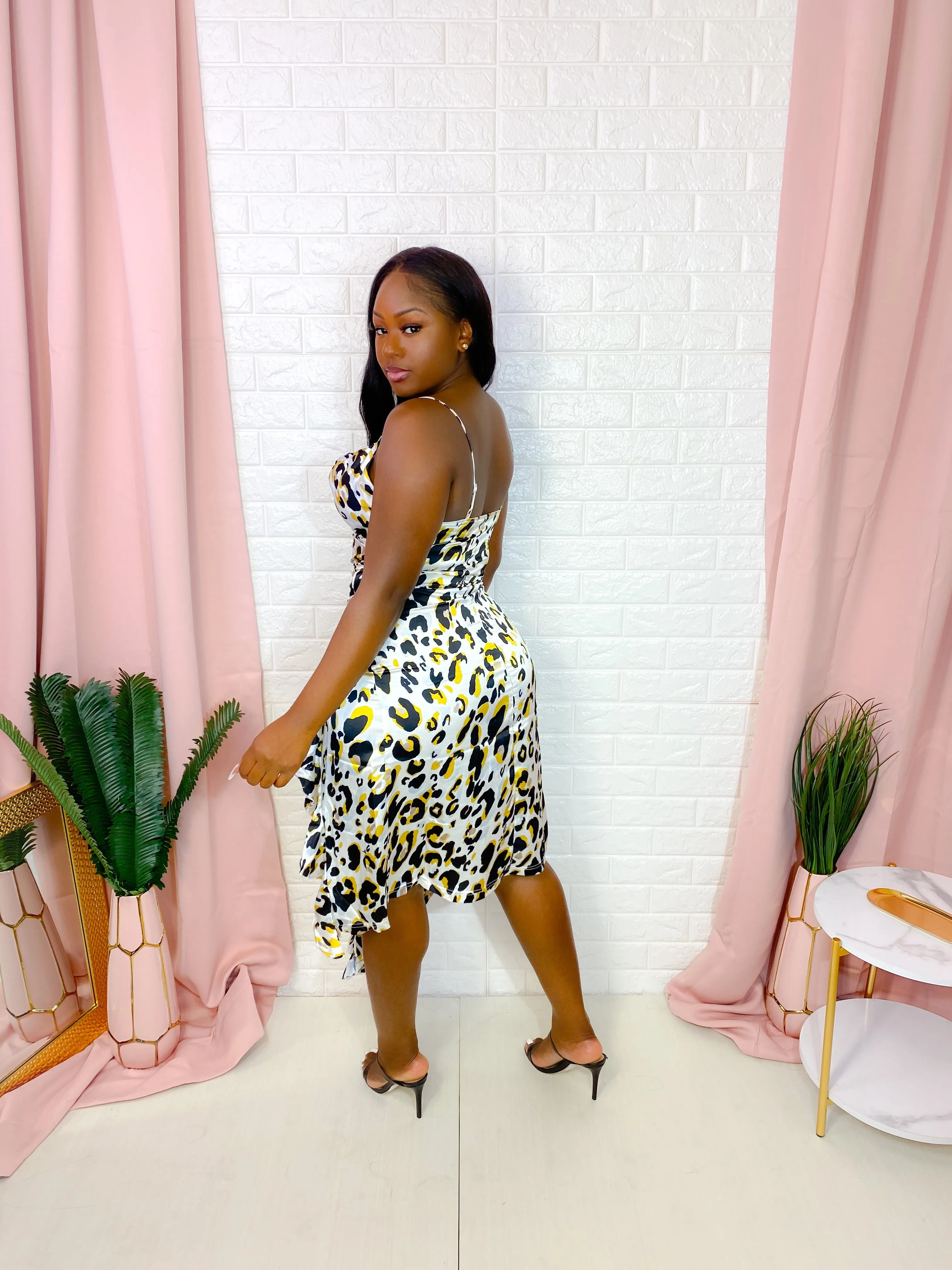 LEOPARD PRINT SATIN MIDI DRESS (CREAM) (FINAL SALE)