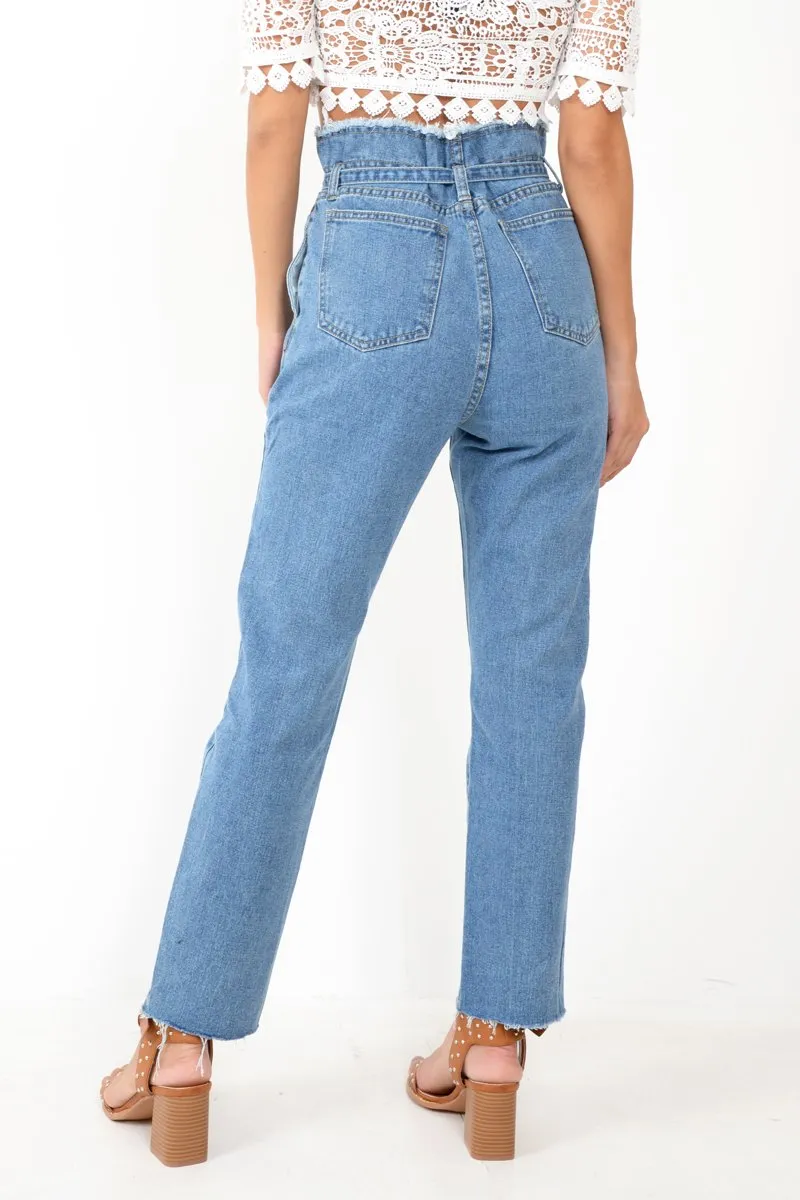Light Wash Blue Denim Tie Waist Paperbag Jeans - Lylee