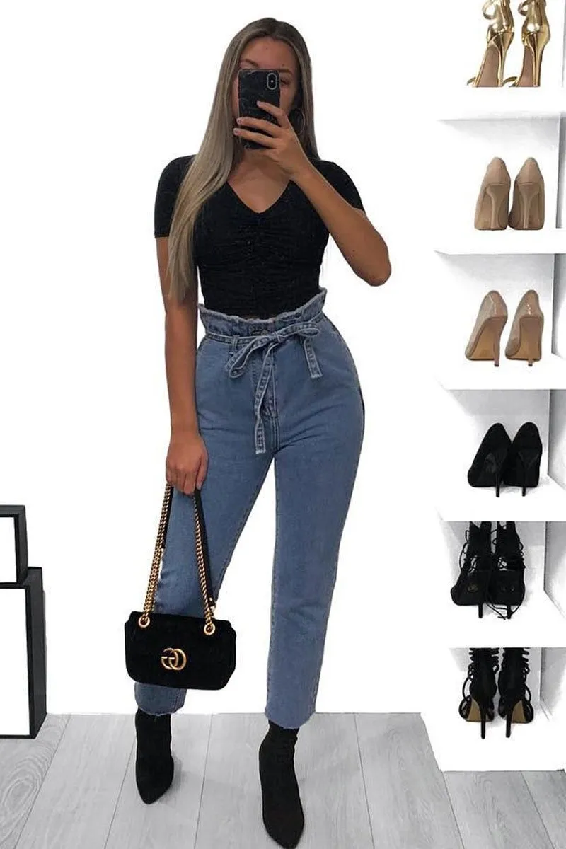 Light Wash Blue Denim Tie Waist Paperbag Jeans - Lylee