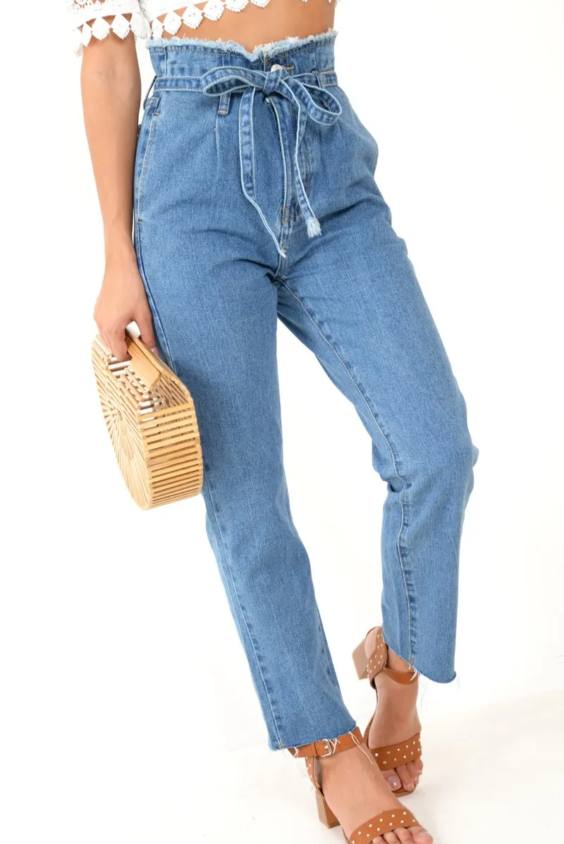 Light Wash Blue Denim Tie Waist Paperbag Jeans - Lylee