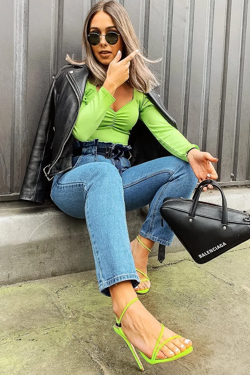 Lime Crepe Sweetheart Puff Sleeve Crop Top - Porsha