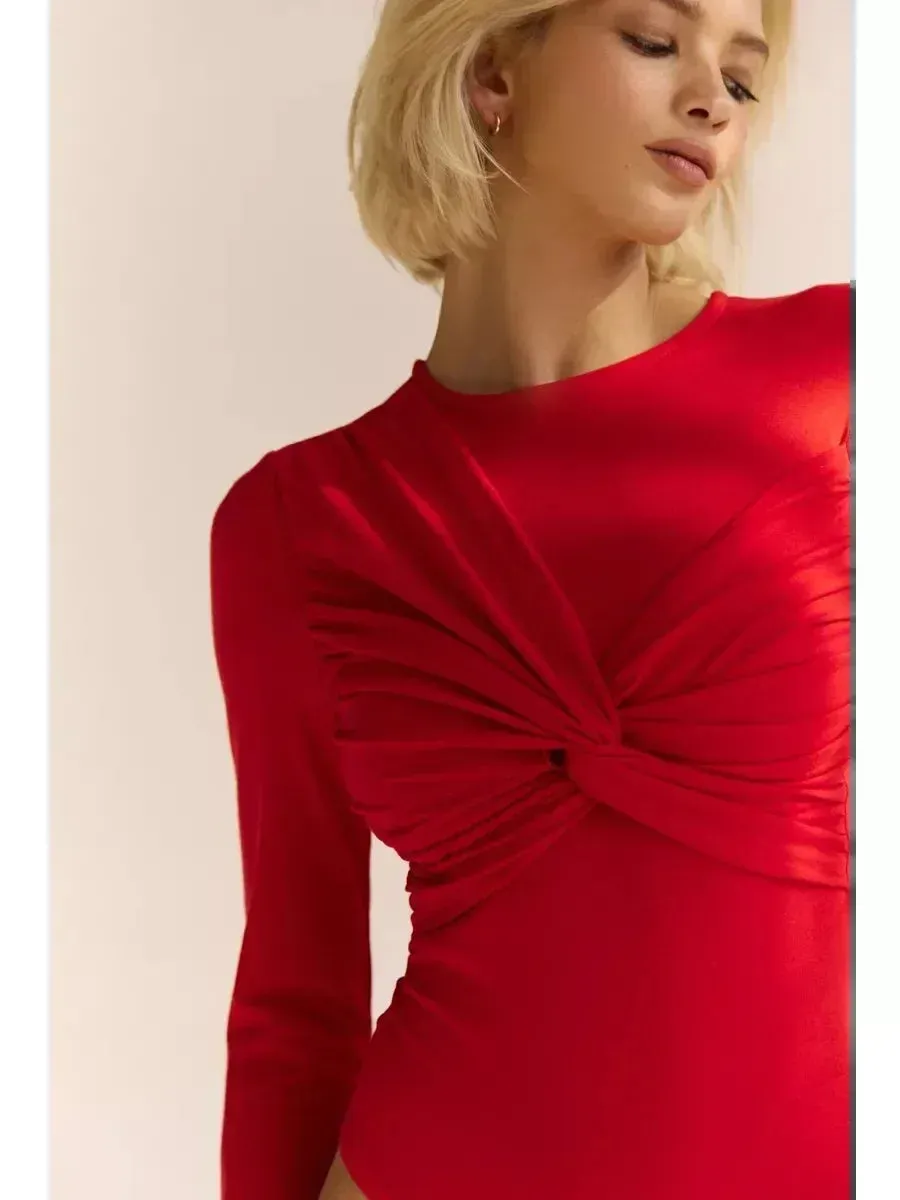 Long Sleeve Ruched Knot Bodysuit