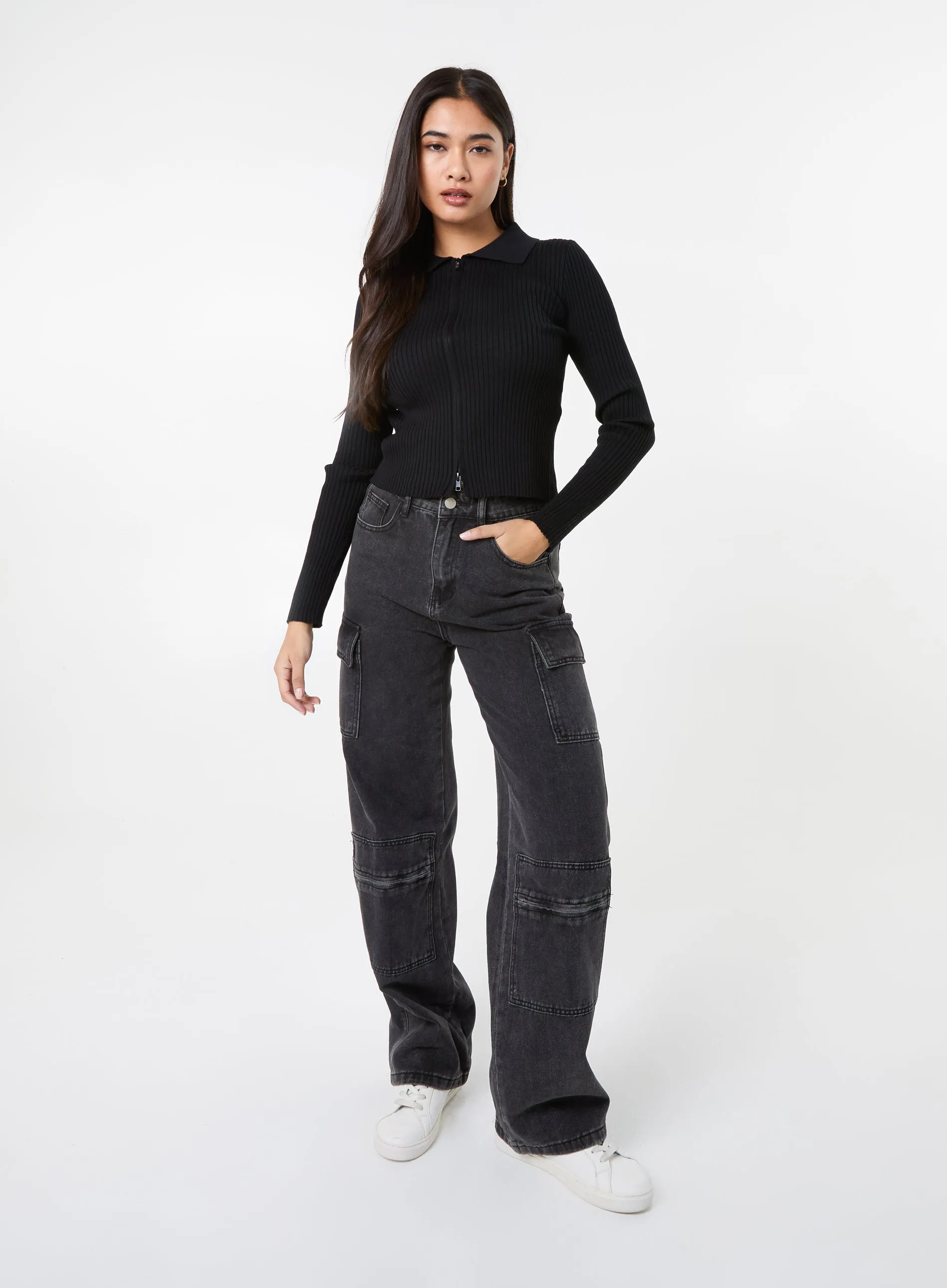 Long Sleeve Zip Up Ribbed Top