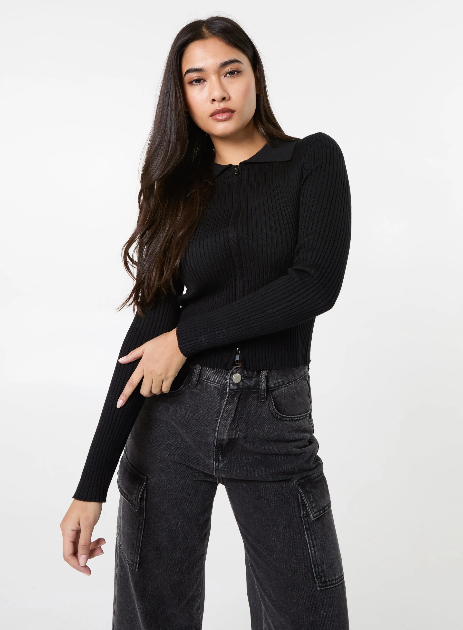Long Sleeve Zip Up Ribbed Top