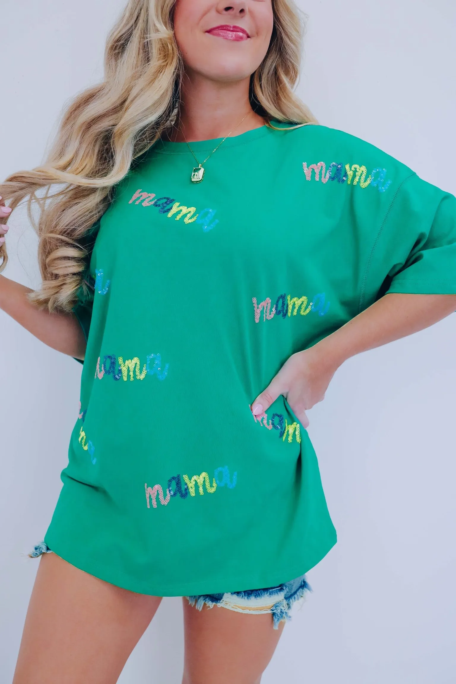 Mama Sequin Embroidered Top - Green Multi