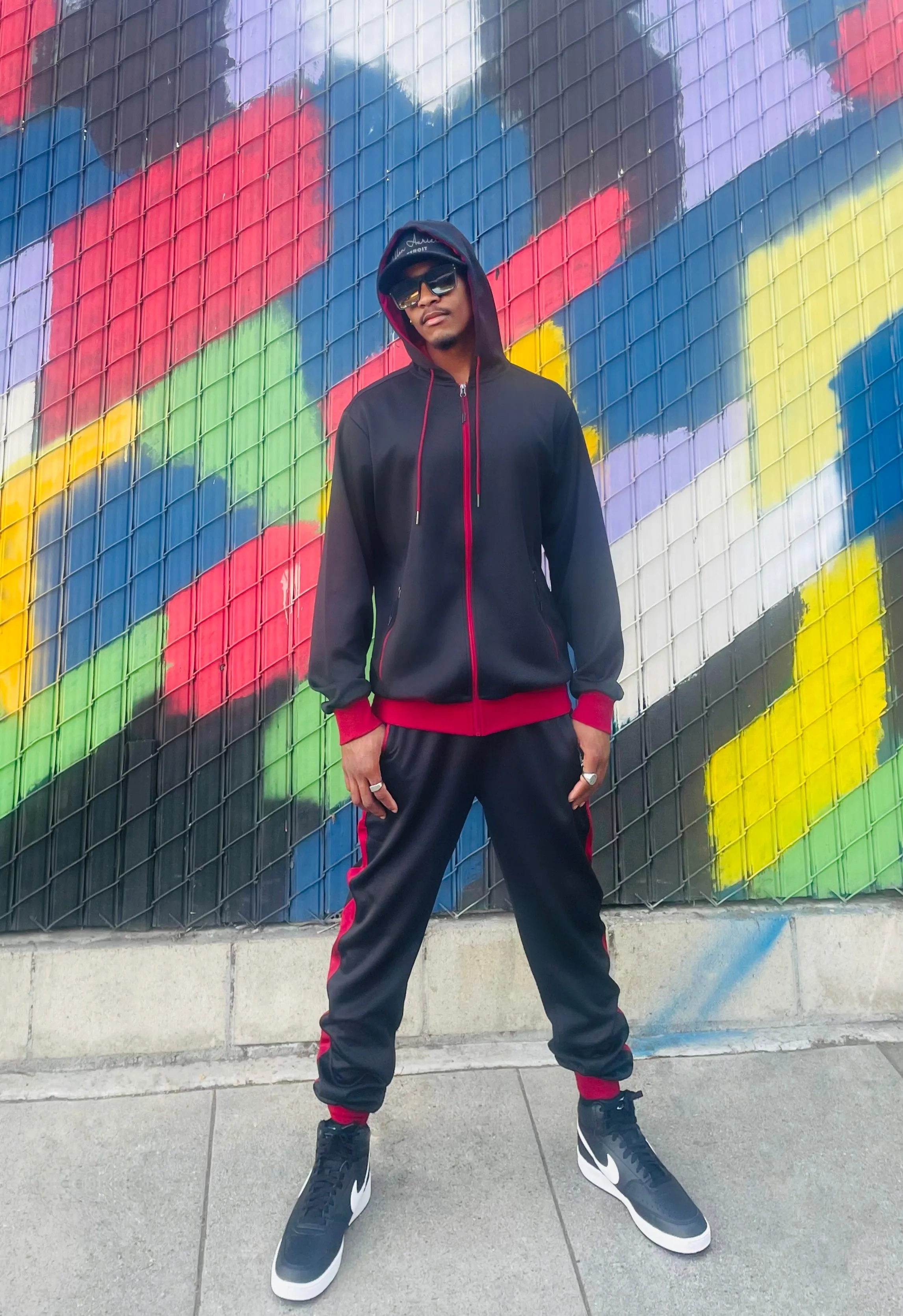 Members Unisex Zip Jacket Jogger Set (Black & Wine Red)