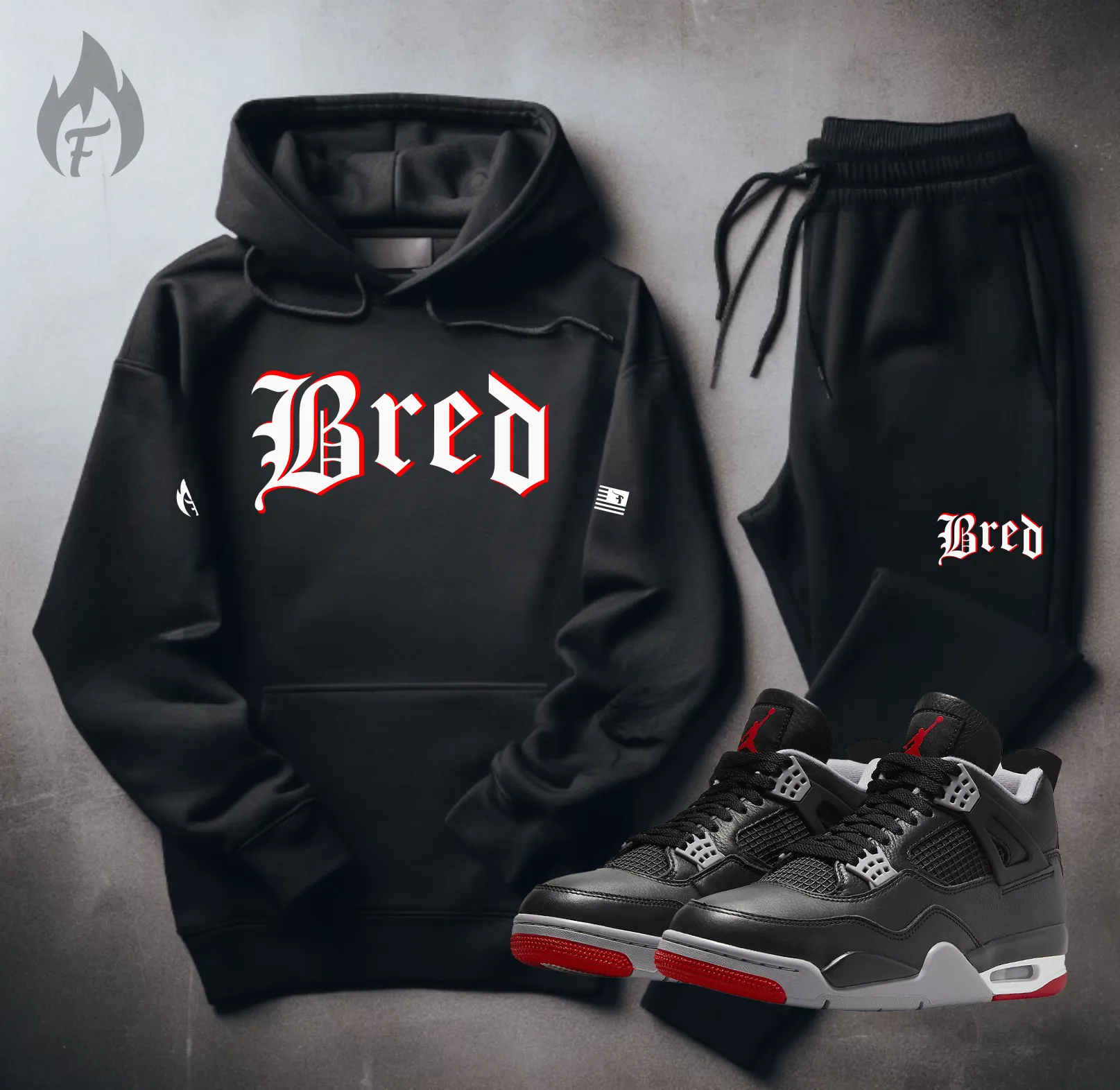 Men's BRED Sweatsuit To Match Air Jordan 4 Bred Re-Imagined Tracksuit Sneaker Hoodie and Joggers