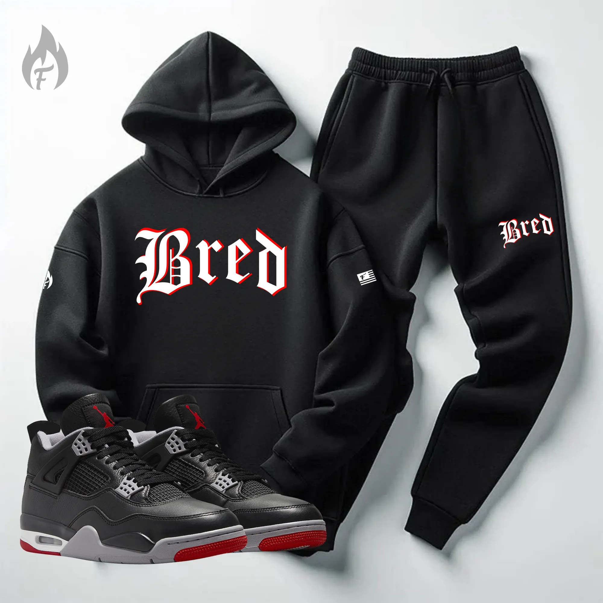 Men's BRED Sweatsuit To Match Air Jordan 4 Bred Re-Imagined Tracksuit Sneaker Hoodie and Joggers